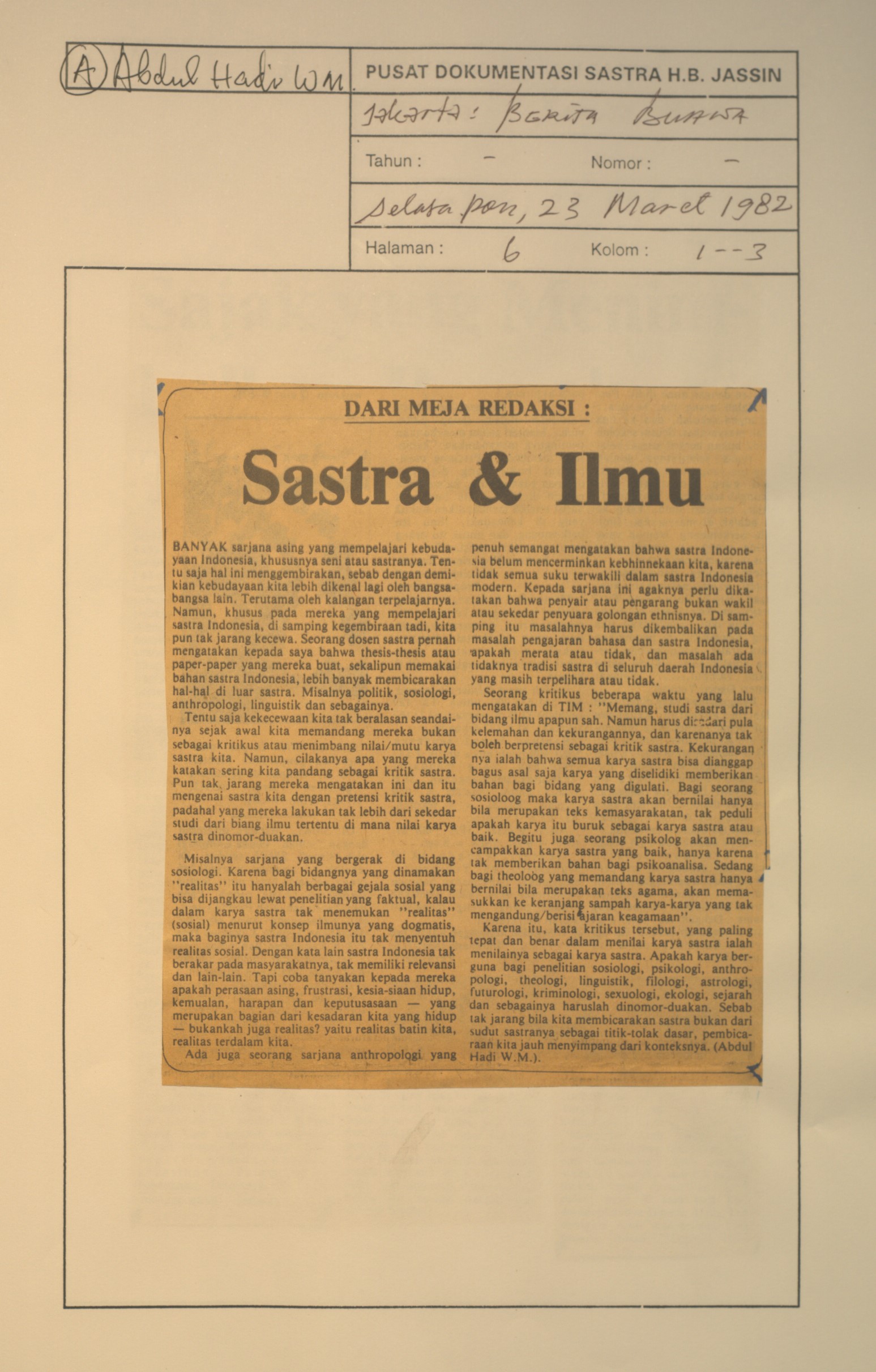 Dari meja redaksi. Sastra dan ilmu