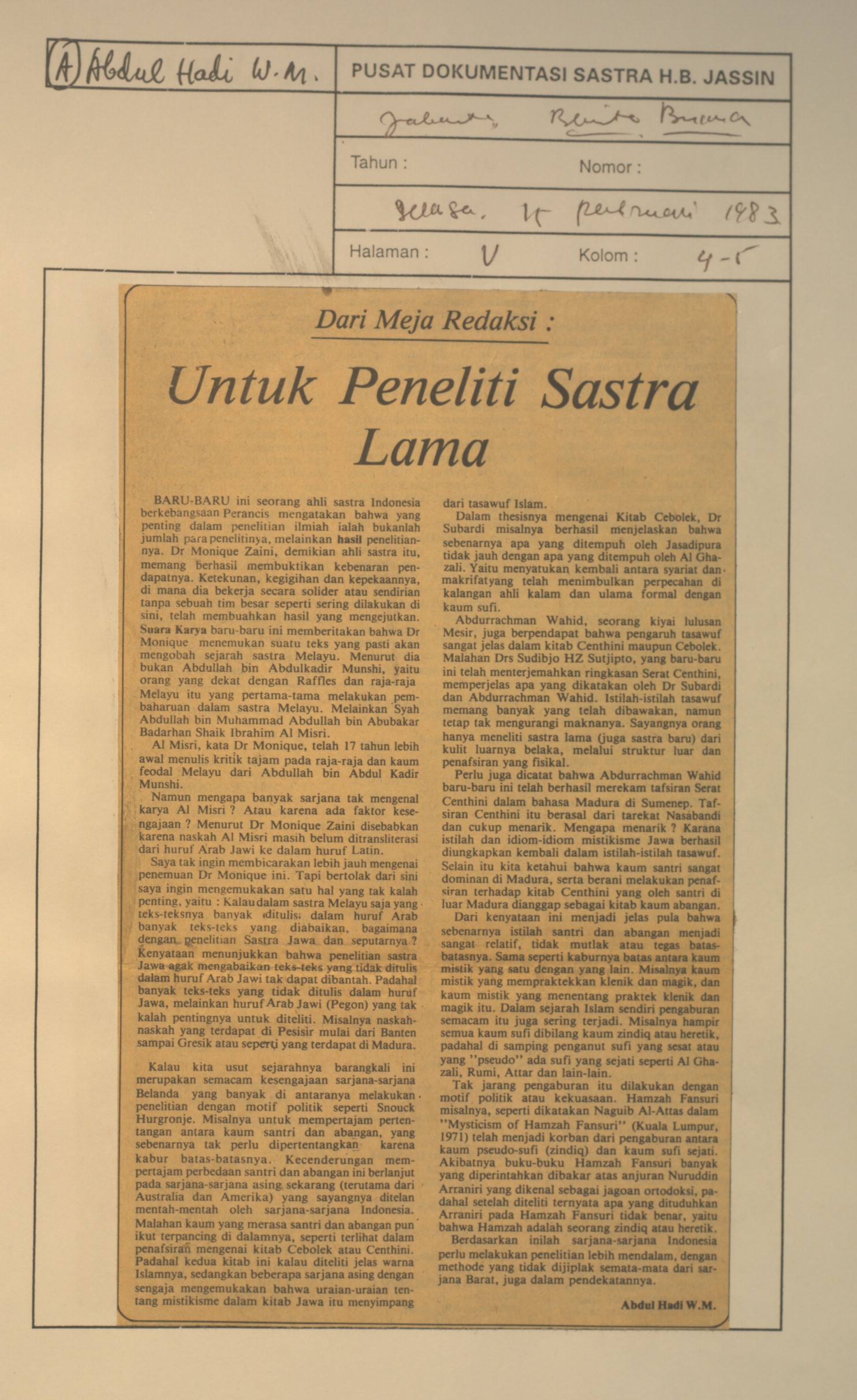 Dari meja redaksi. Untuk peneliti sastra lama