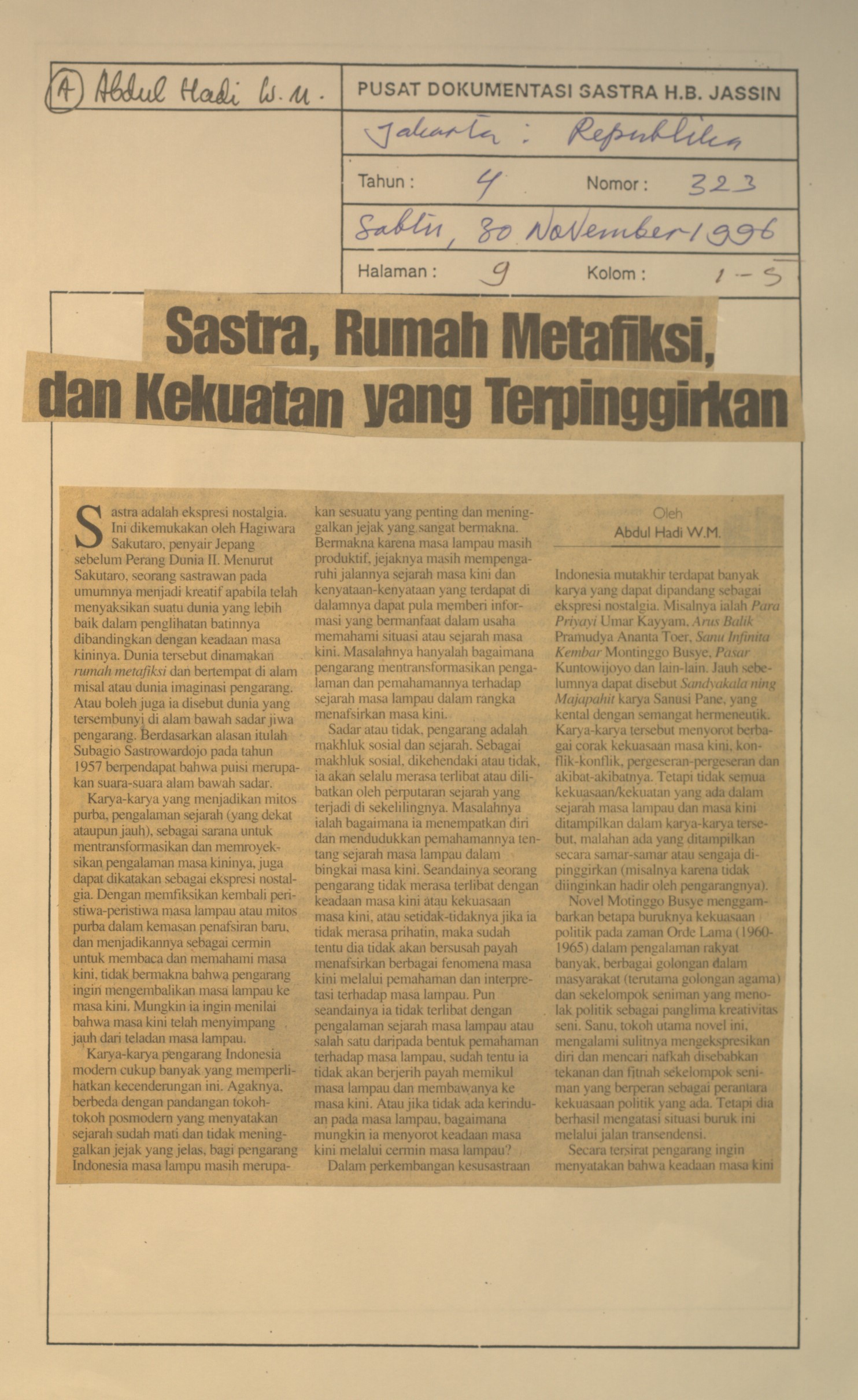 Sastra,rumah metafiksi dan kekuatan yang terpinggirkan