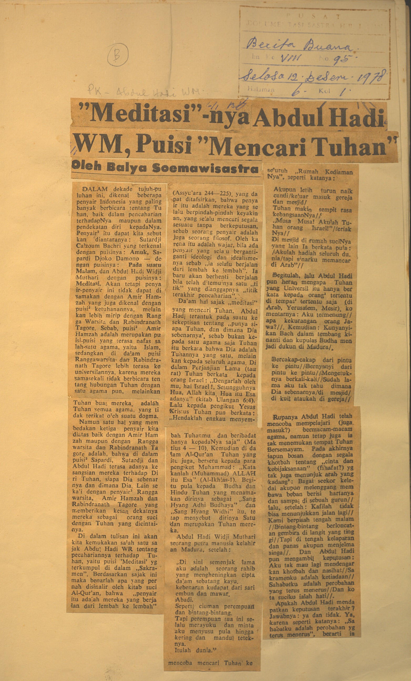 Meditasi-nya Abdul Hadi WM,Puisi mencari Tuhan