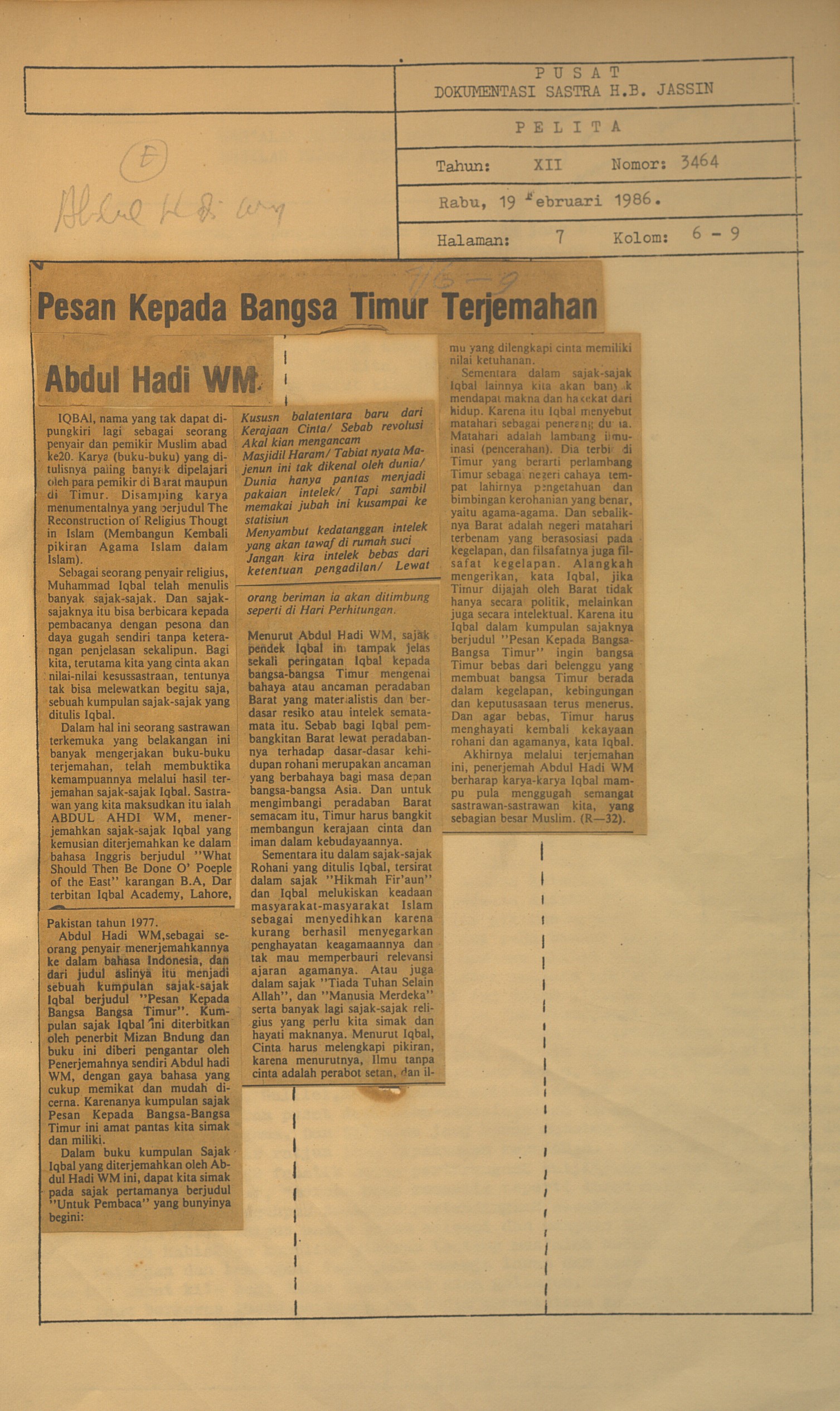 Pesan kepada bangsa timur terjemahan Abdul Hadi WM