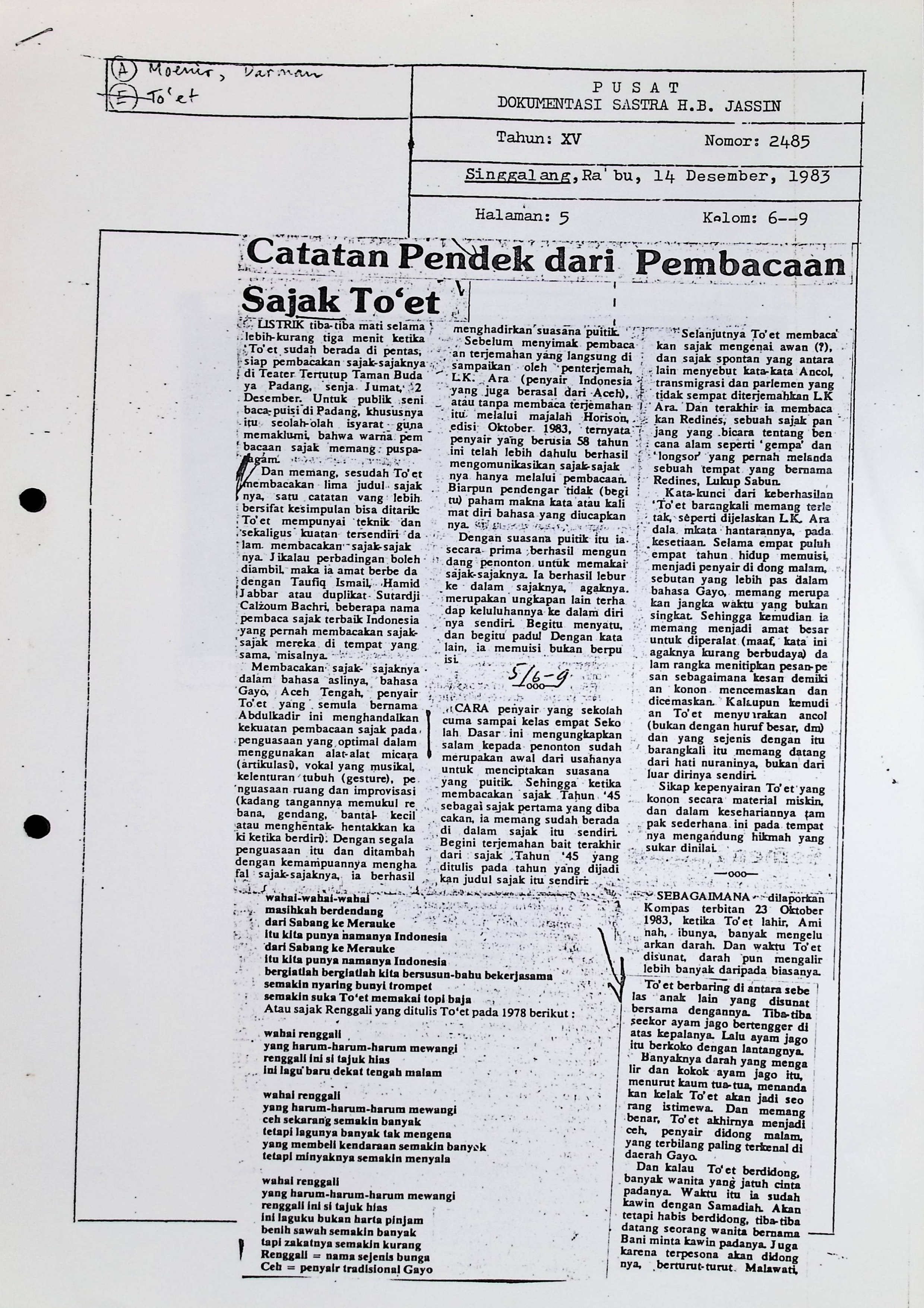 Catatan pendek dari pembacaan sajak To'et