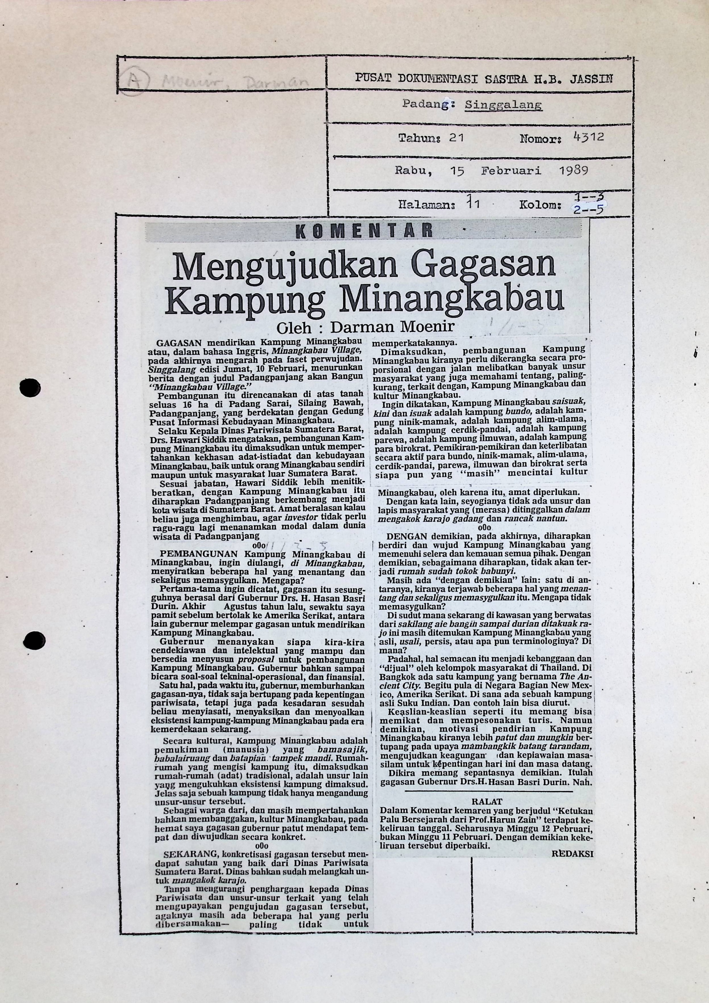 Komentar - mengujudkan gagasan Kampung Minangkabau