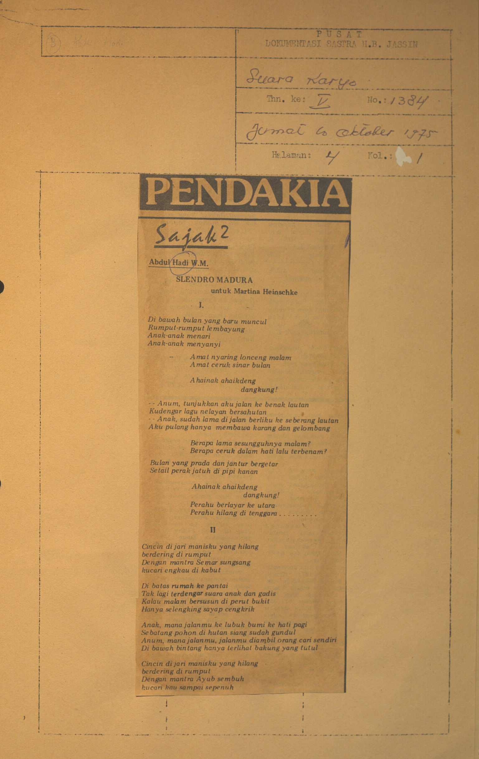 Pendakia. Sajak-sajak Abdul Hadi WM. Slendro Madura untuk Martina Heinschke