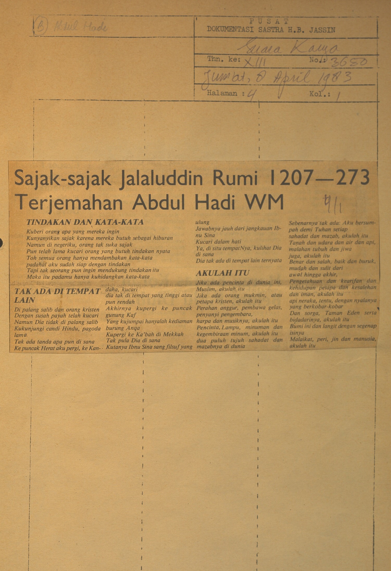 Sajak-sajak Jalaludin Rumi 1207-273 Terjemahan Abdul Hadi WM