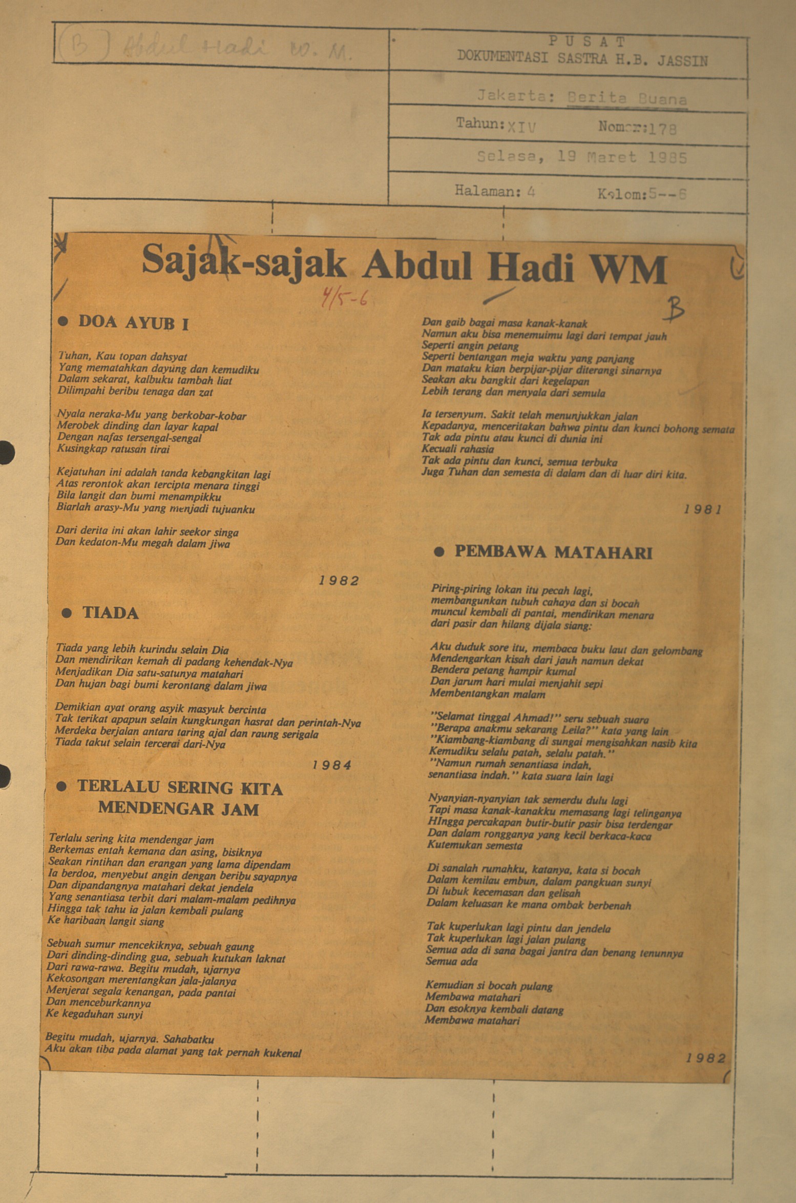 Sajak-sajak Abdul Hadi WM. Doa Ayub I,Tiada,Terlalu sering kita mendengar jam,Pembawa matahari