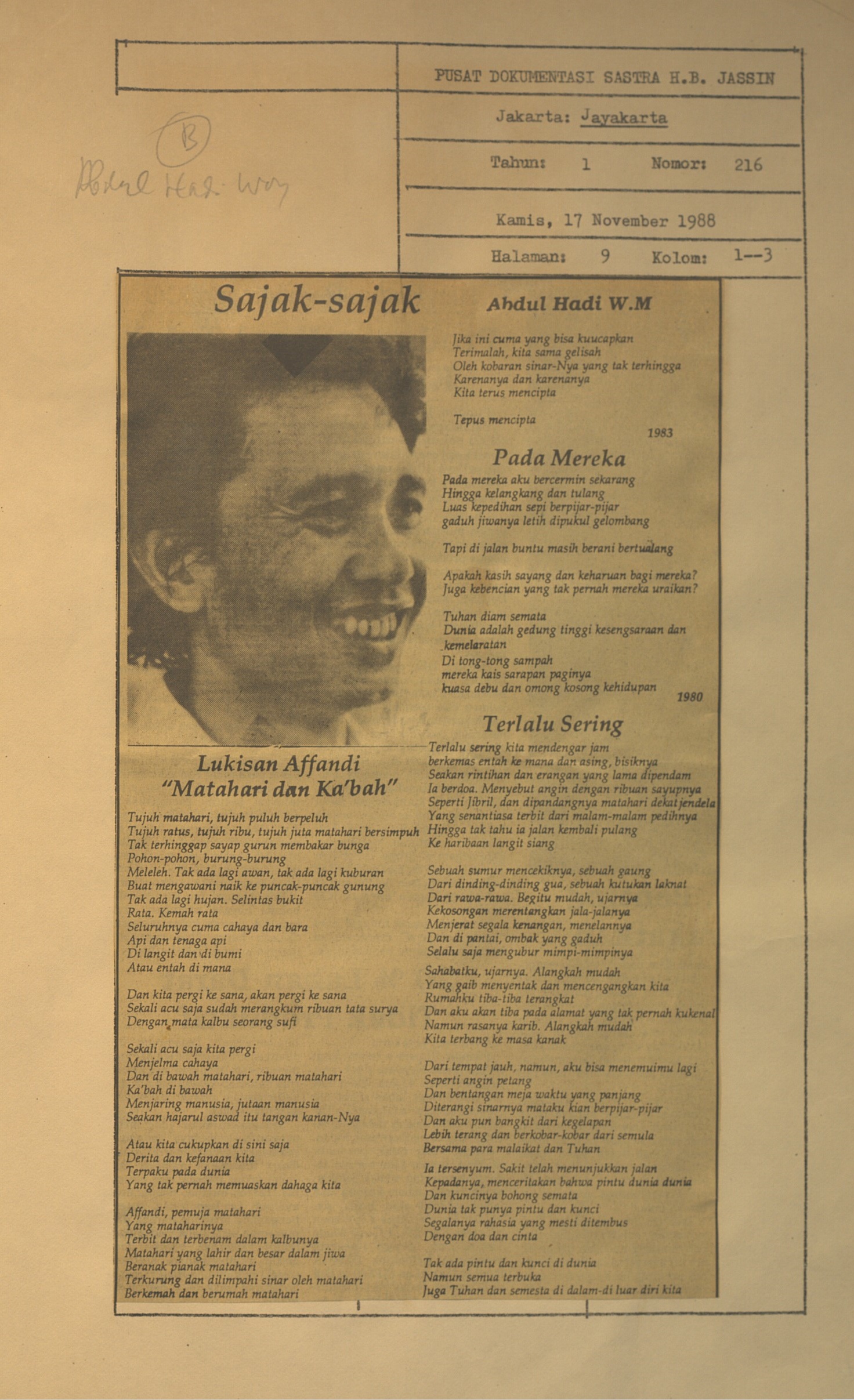 Sajak-sajak Abdul Hadi WM. Lukisan Affandi Matahari dan Ka'bah, Pada mereka, Terlalu sering