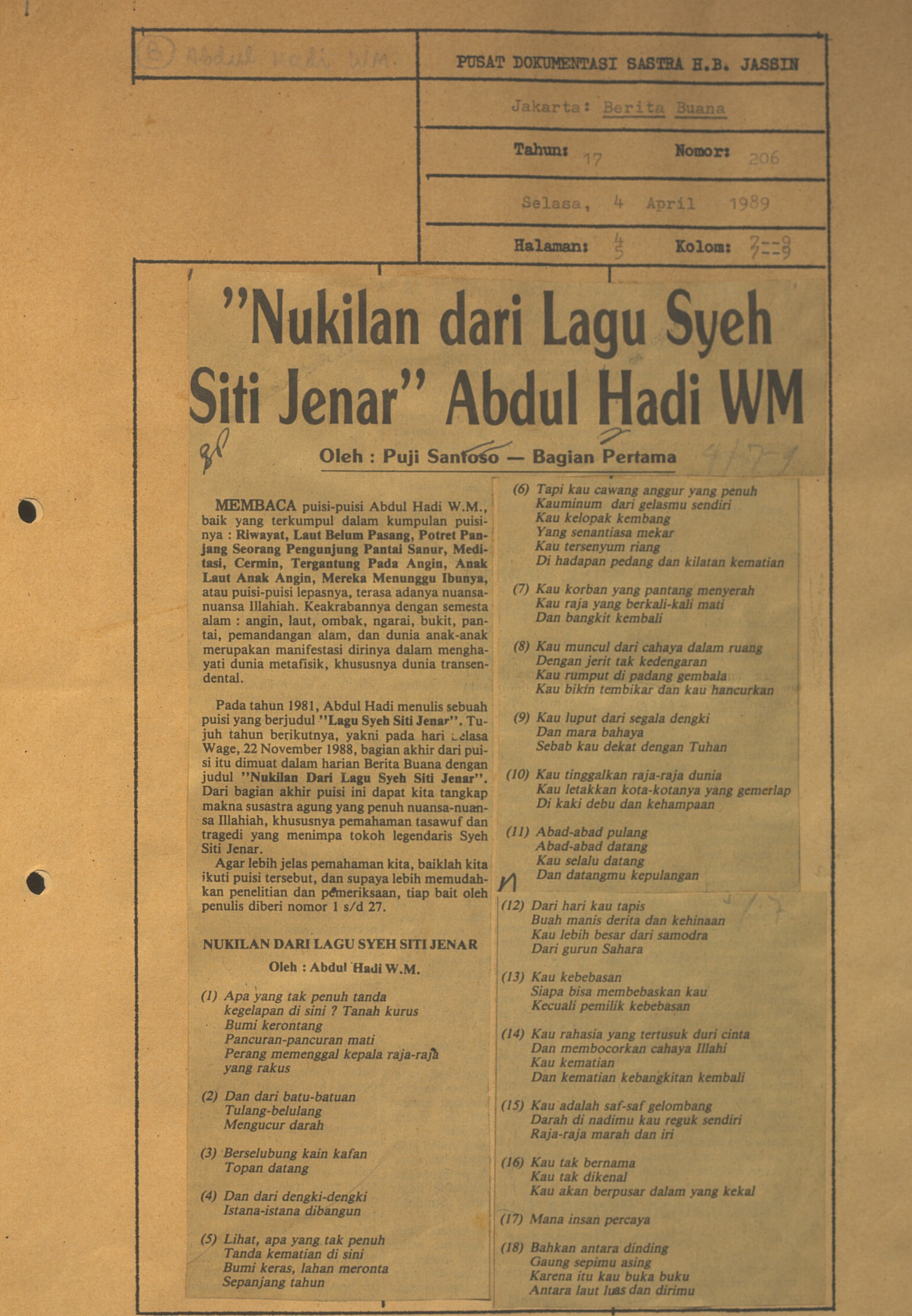 Nukilan dari lagu Siti Jenar Abdul Hadi WM. Bagian pertama