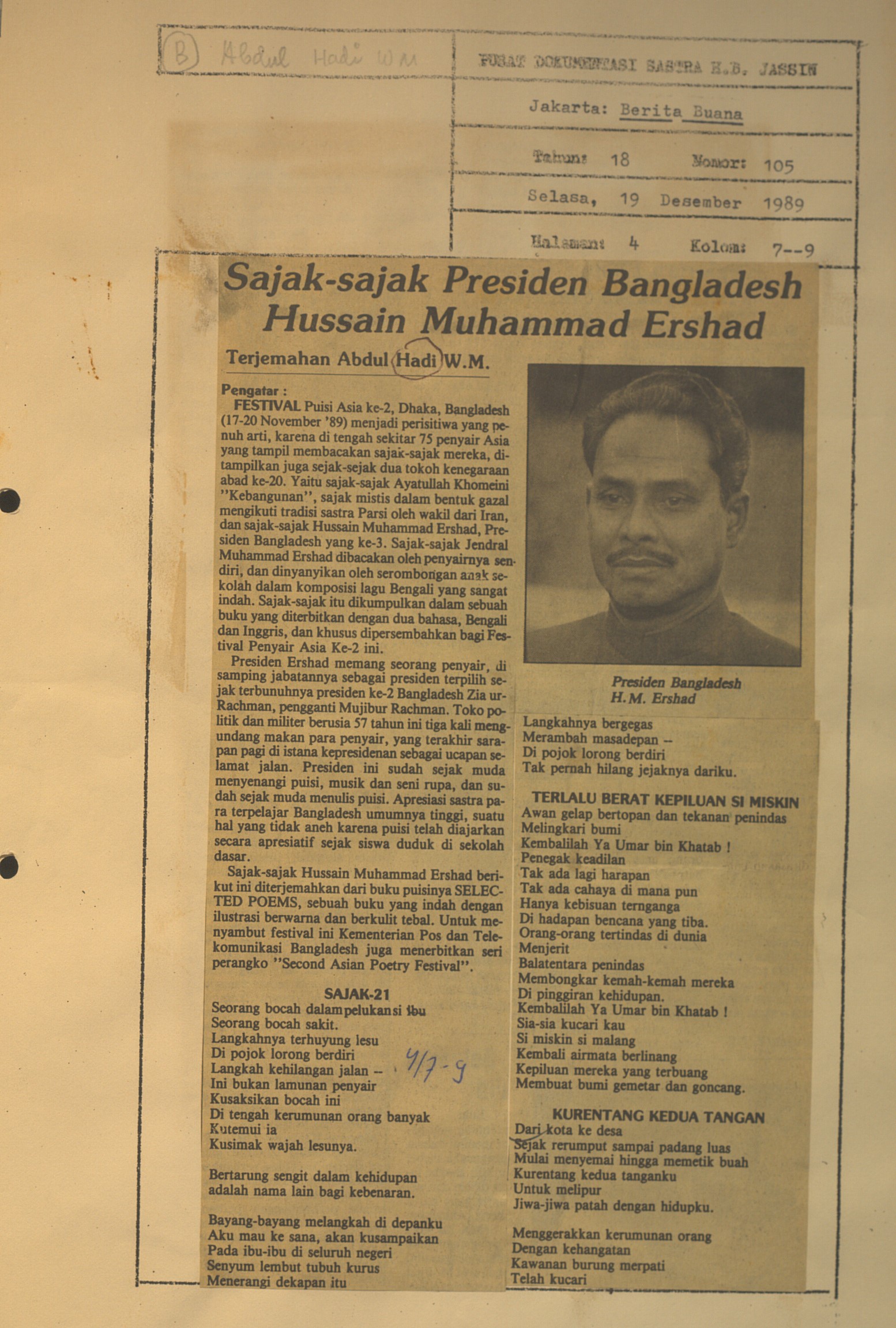 Sajak-sajak Presiden Bangladesh Hussain Muhammad Ershad