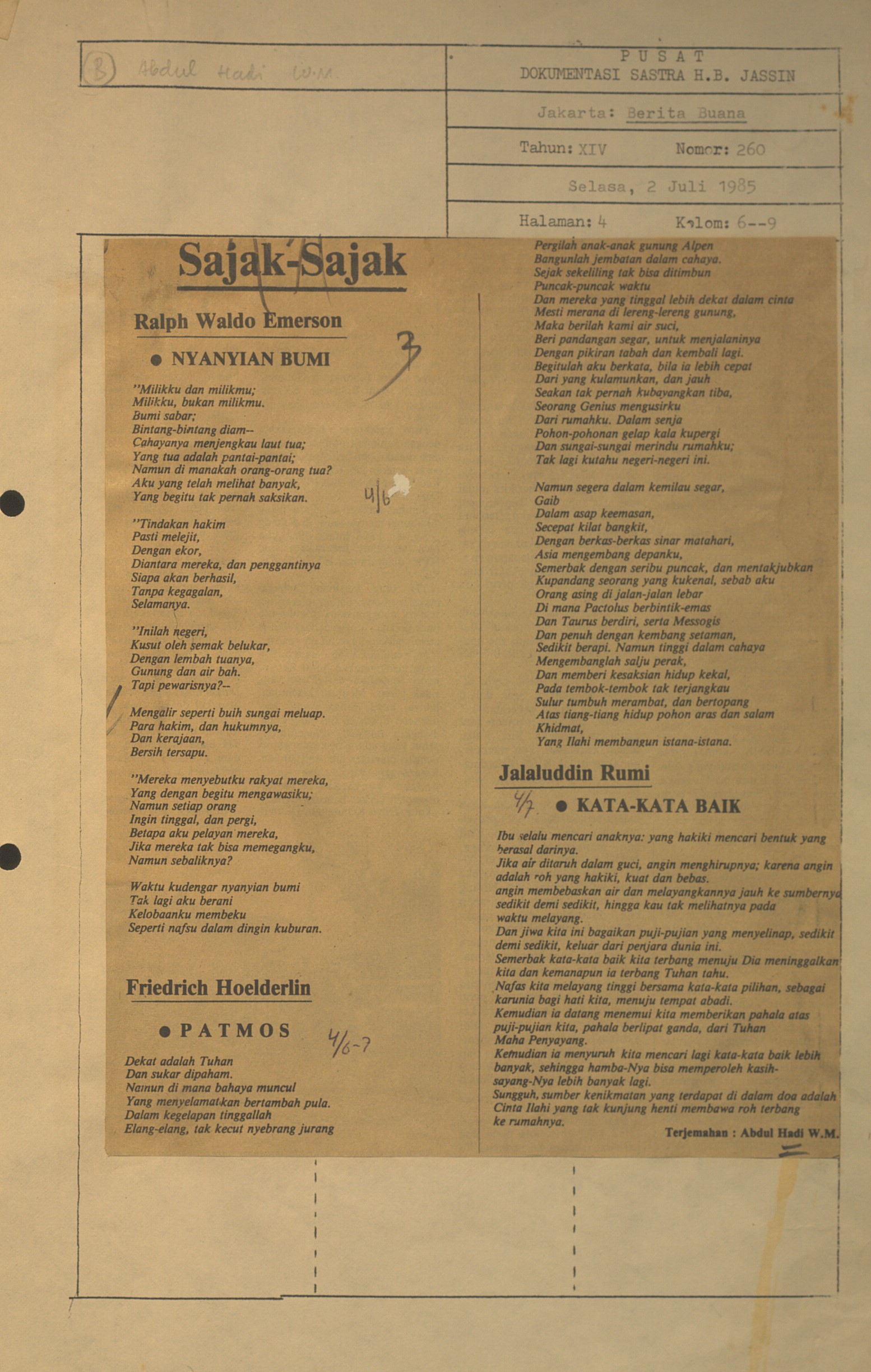 Saak-sajak Ralph Waldo Emerson,Friedrich Hoelderlin,Jalaluddin Rumi