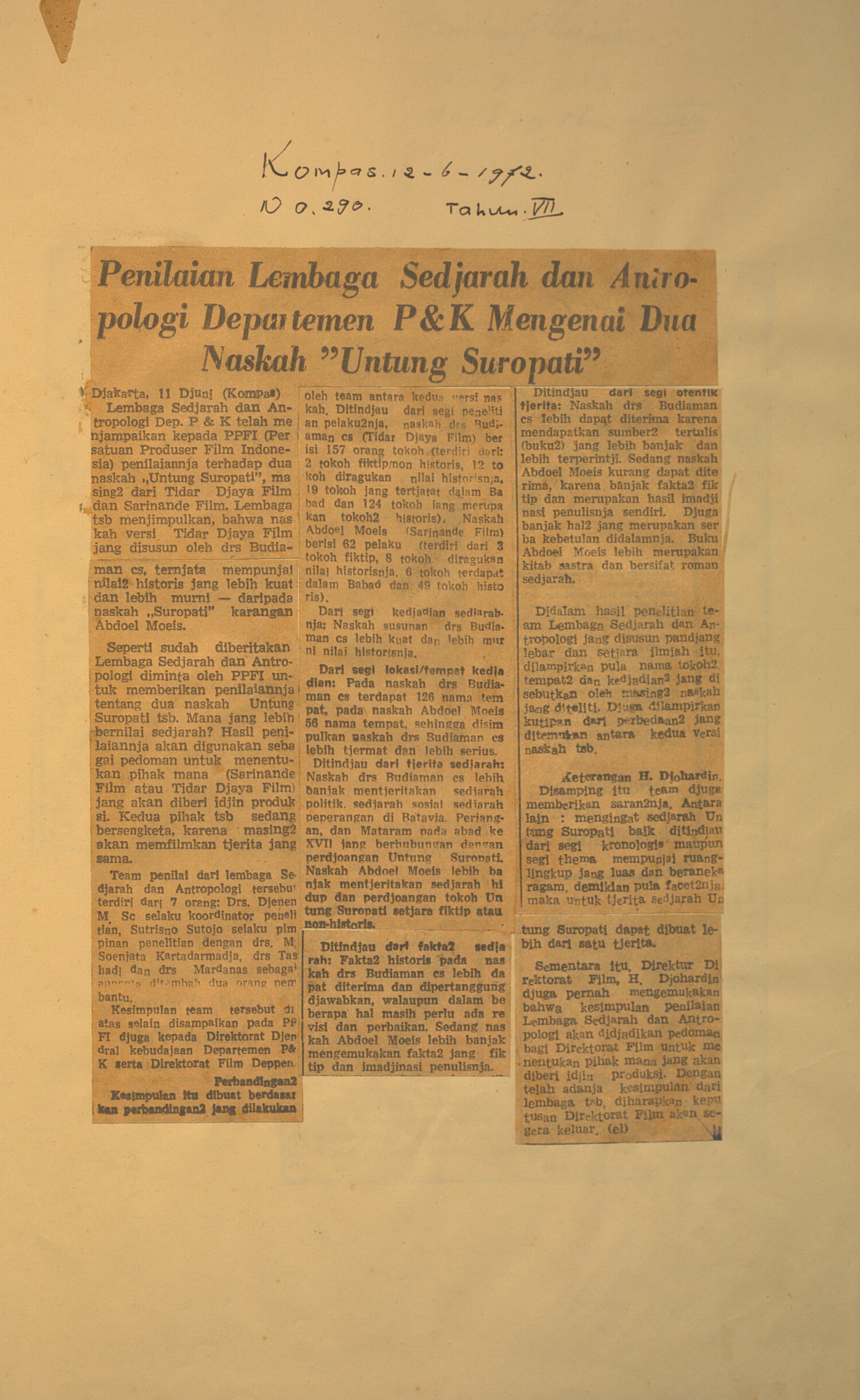 Penilaian lembaga sejarah dan antropologi departemen P dan K mengenai dua naskah Untung Suropati