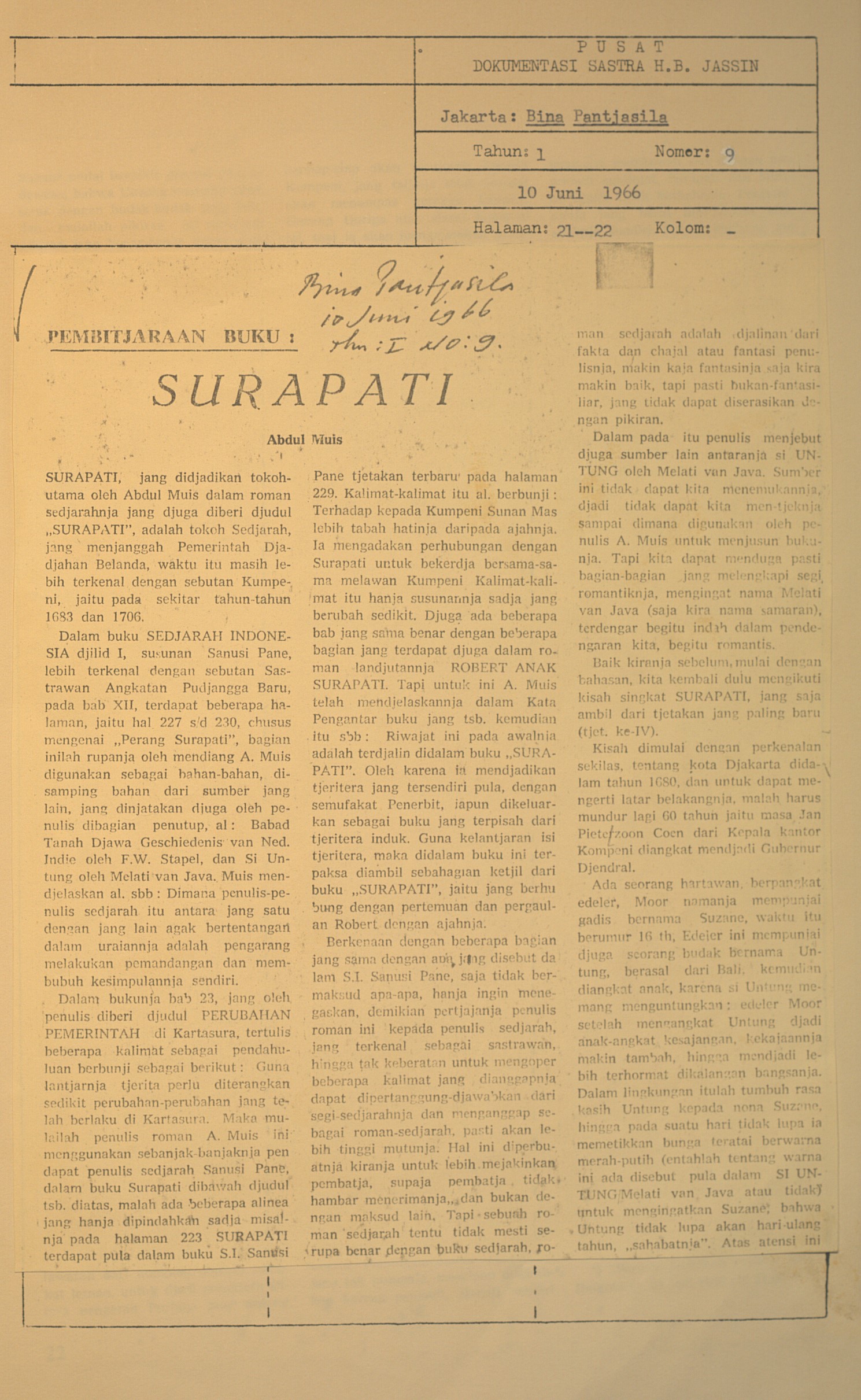 Pembicaraan buku Surapati . Abdoel Moeis