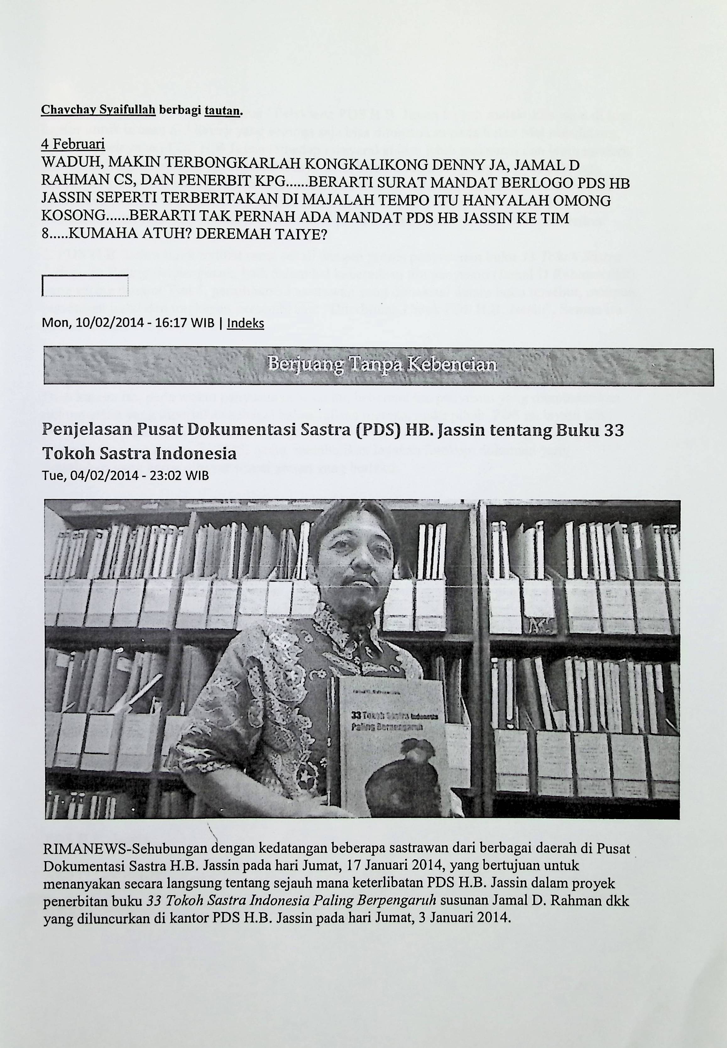 Penjelasan Pusat Dokumentasi Sastra (PDS) H.B. Jassin tentang buku 33 tokoh sastra Indonesia