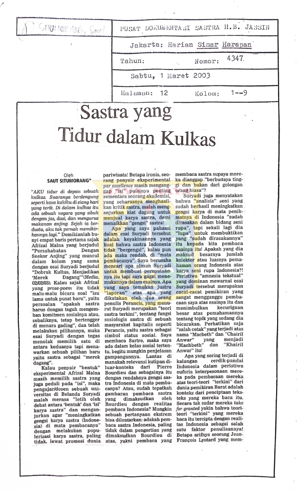 Sastra yang tidur dalam kulkas