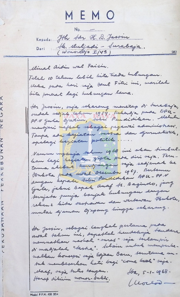 Surat untuk H.B. Jassin dari S.K. Muljadi