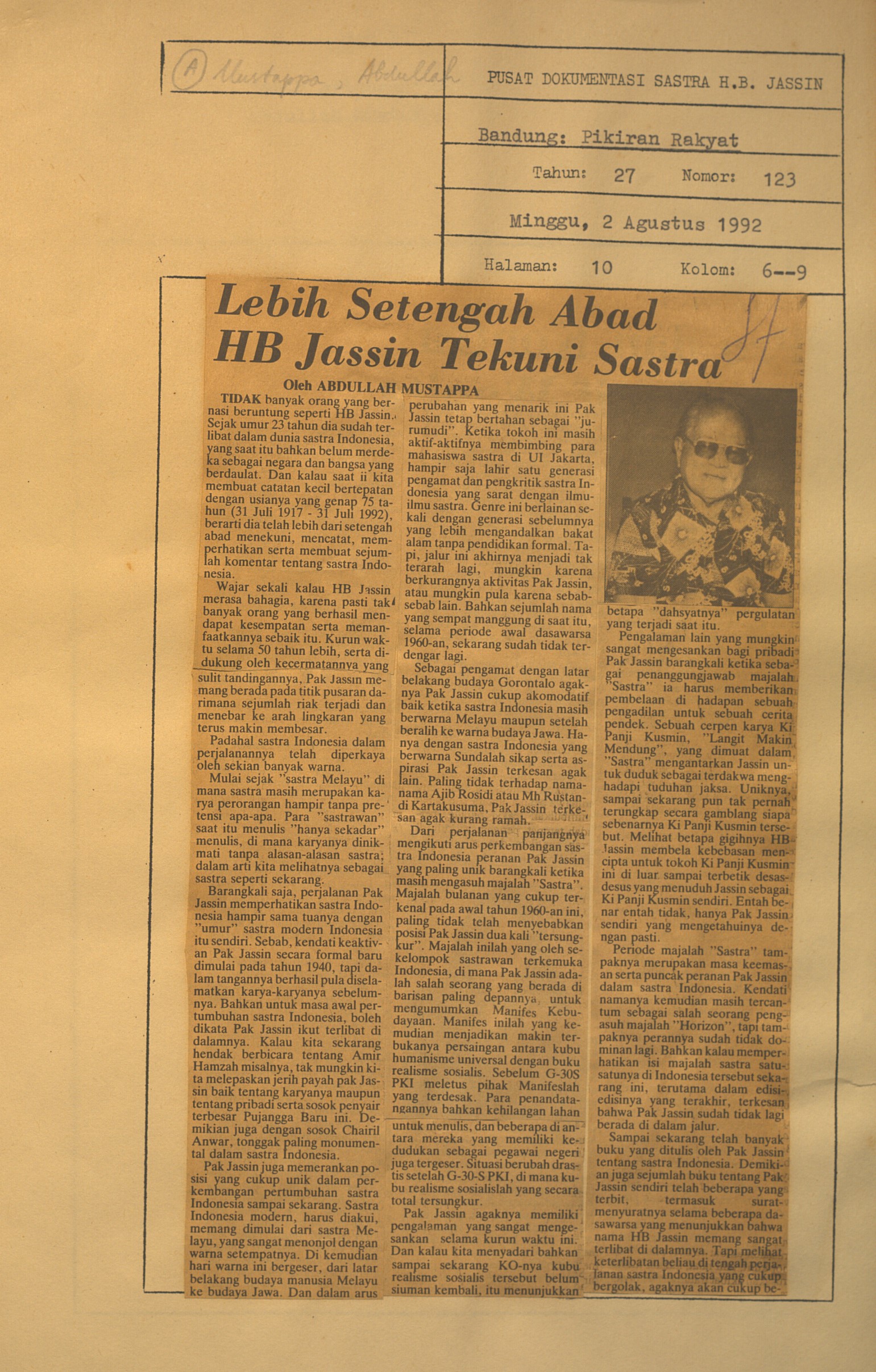 Lebih setengah abad HB. Jassin tekuni sastra