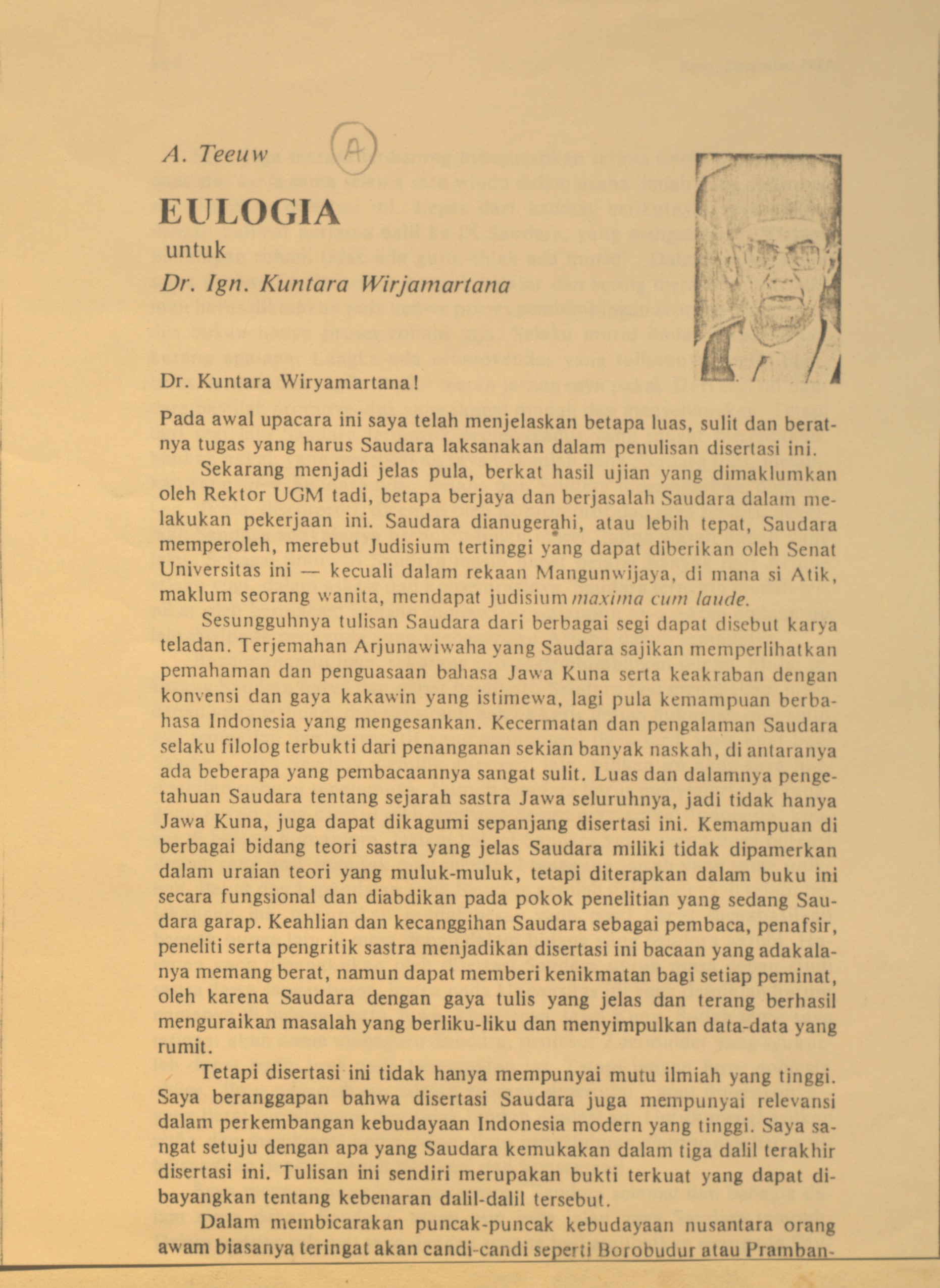 Eulogia untuk Dr. Ign. Kuntara Wirjamartana