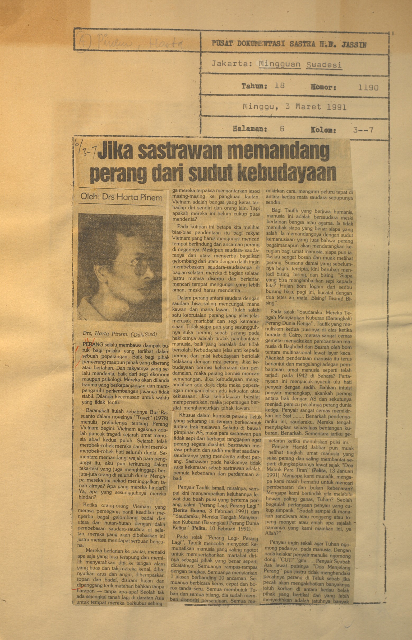 Jika sastrawan memandang perang dari sudut kebudayaan