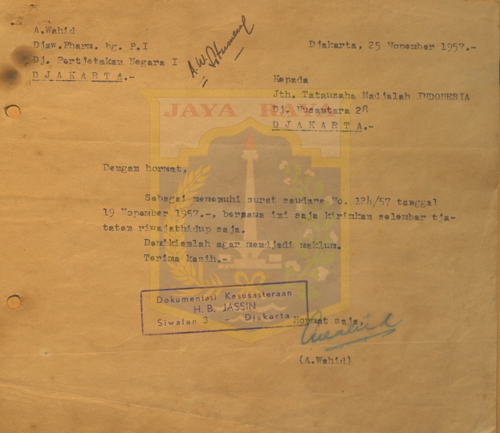 Surat Abdul wahid Situmorang kepada tatausaha Majalah Indonesia