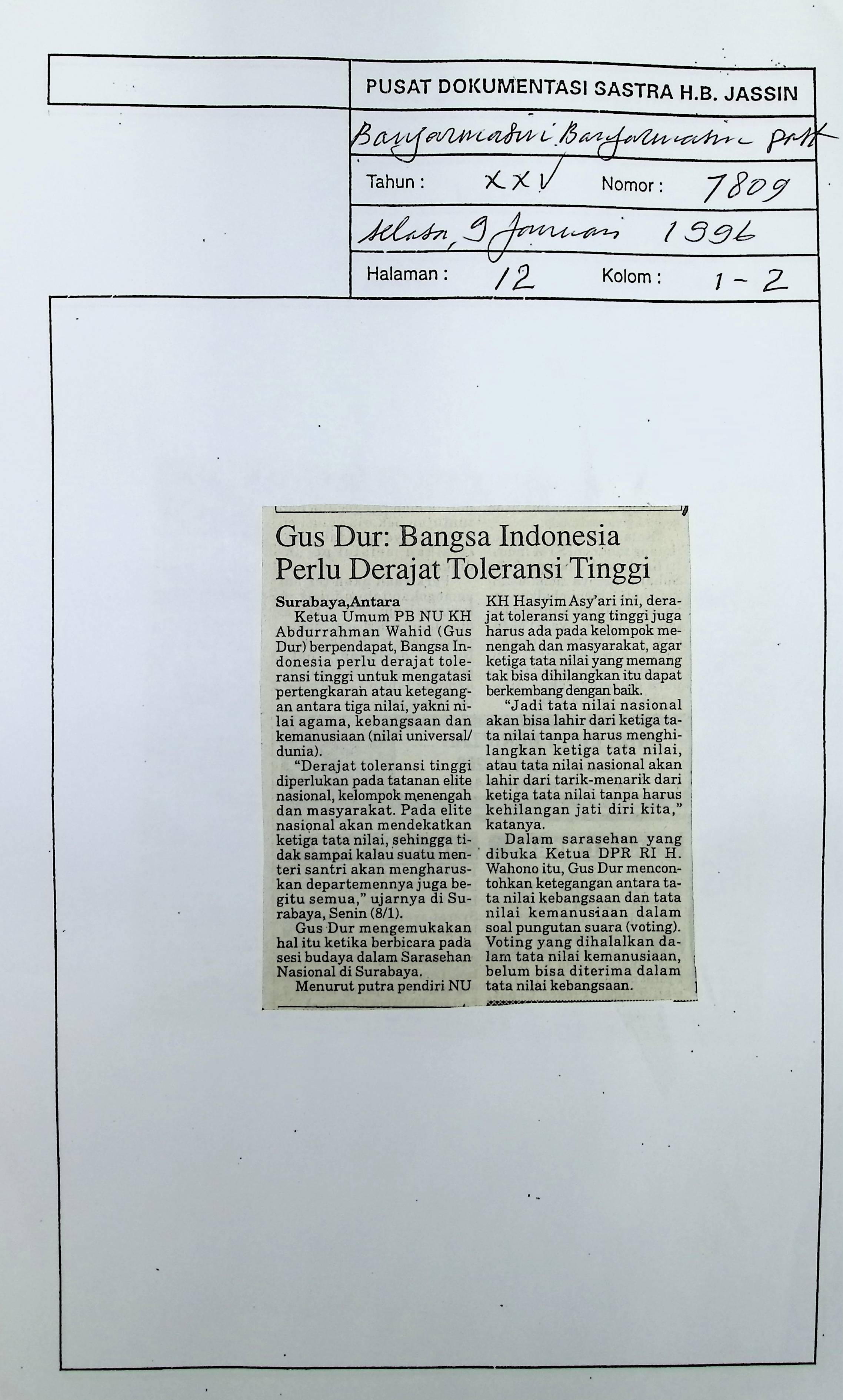 Gus Dur. Bangsa Indonesia perlu derajat toleransi tinggi