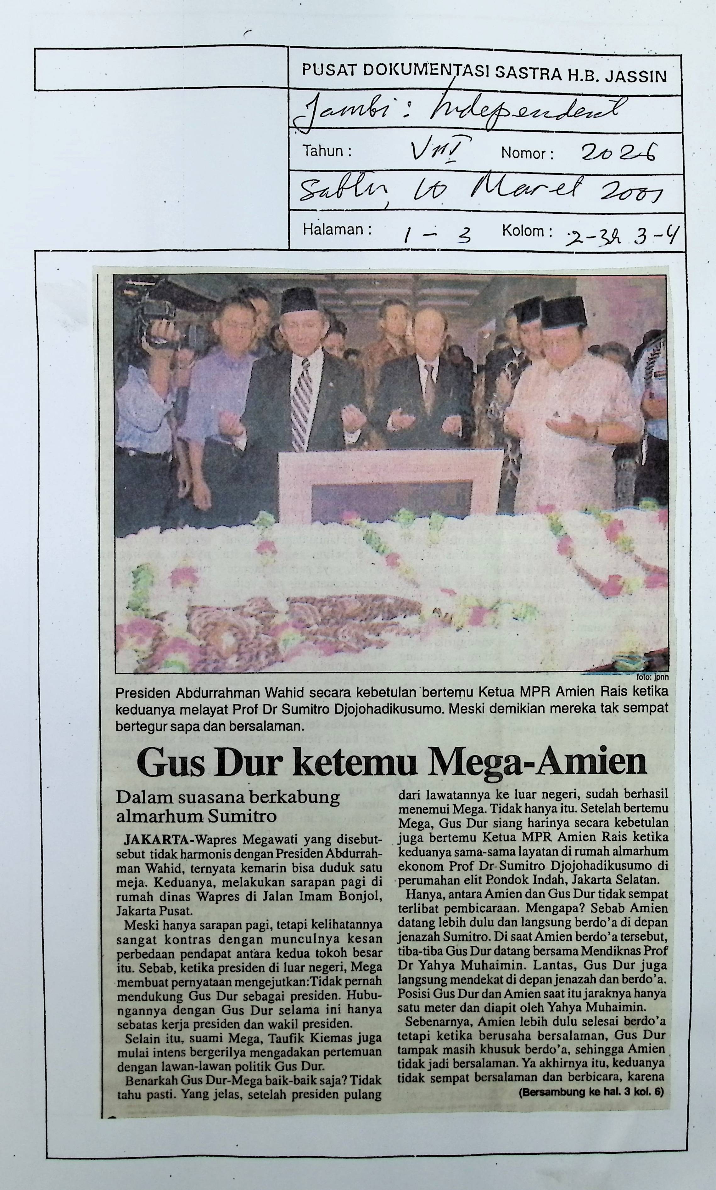 Gus Dur ketemu Mega-Amien. dalam suasana berkabung almarhum Sumitro