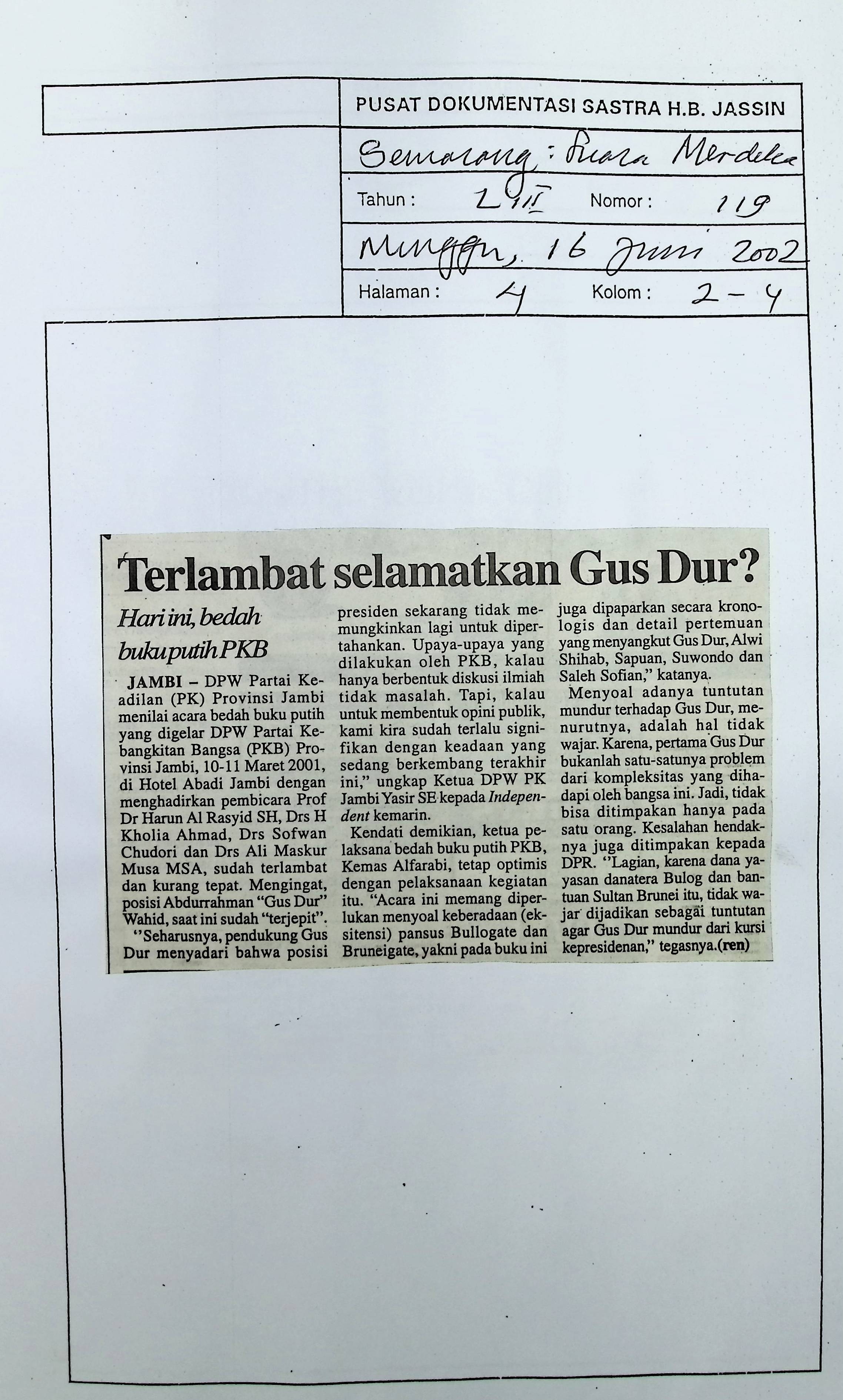 Terlambat selamatkan Gus Dur. hari ini,bedah bukuputih PKB