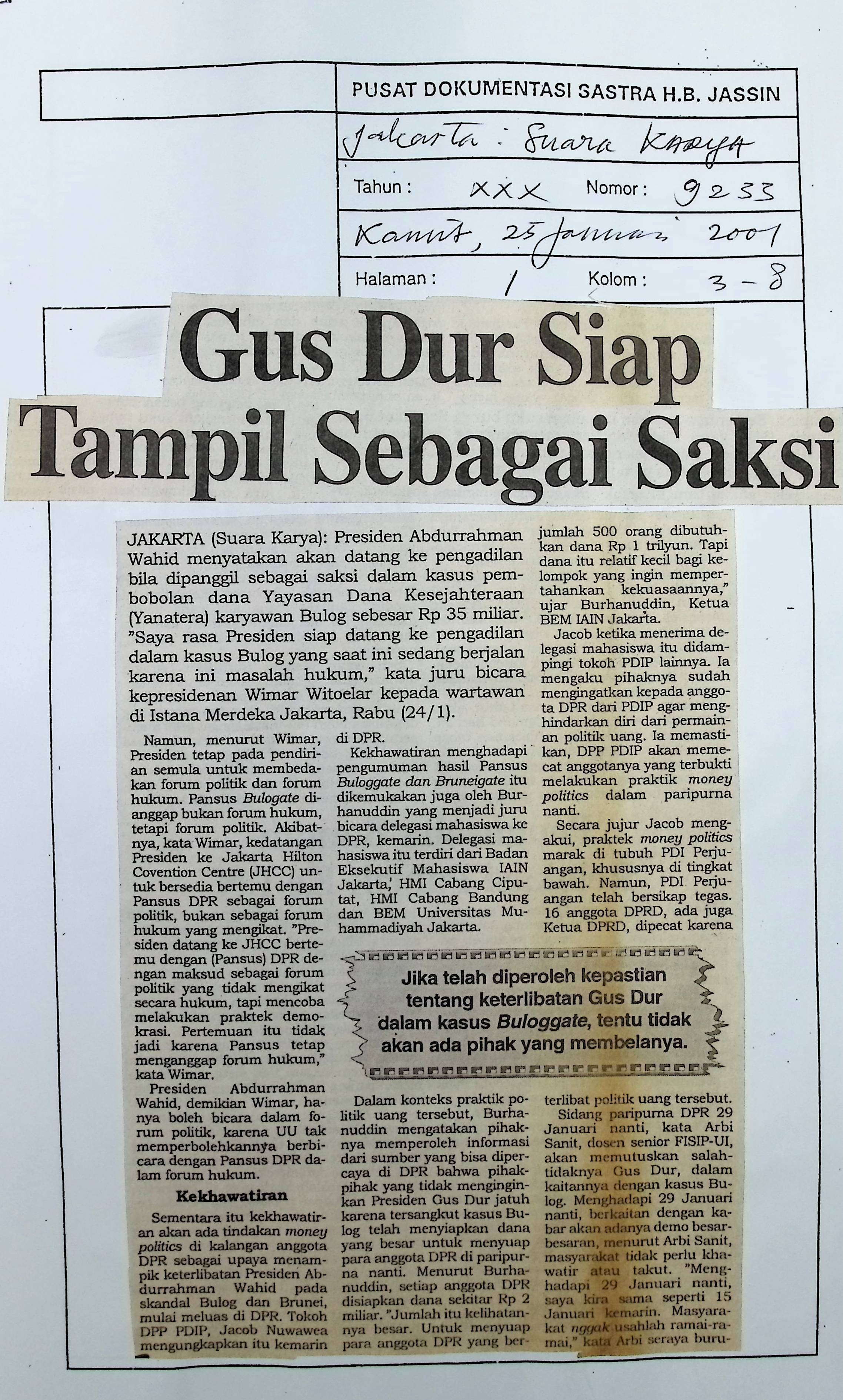 Gus Dur siap tampil sebagai saksi