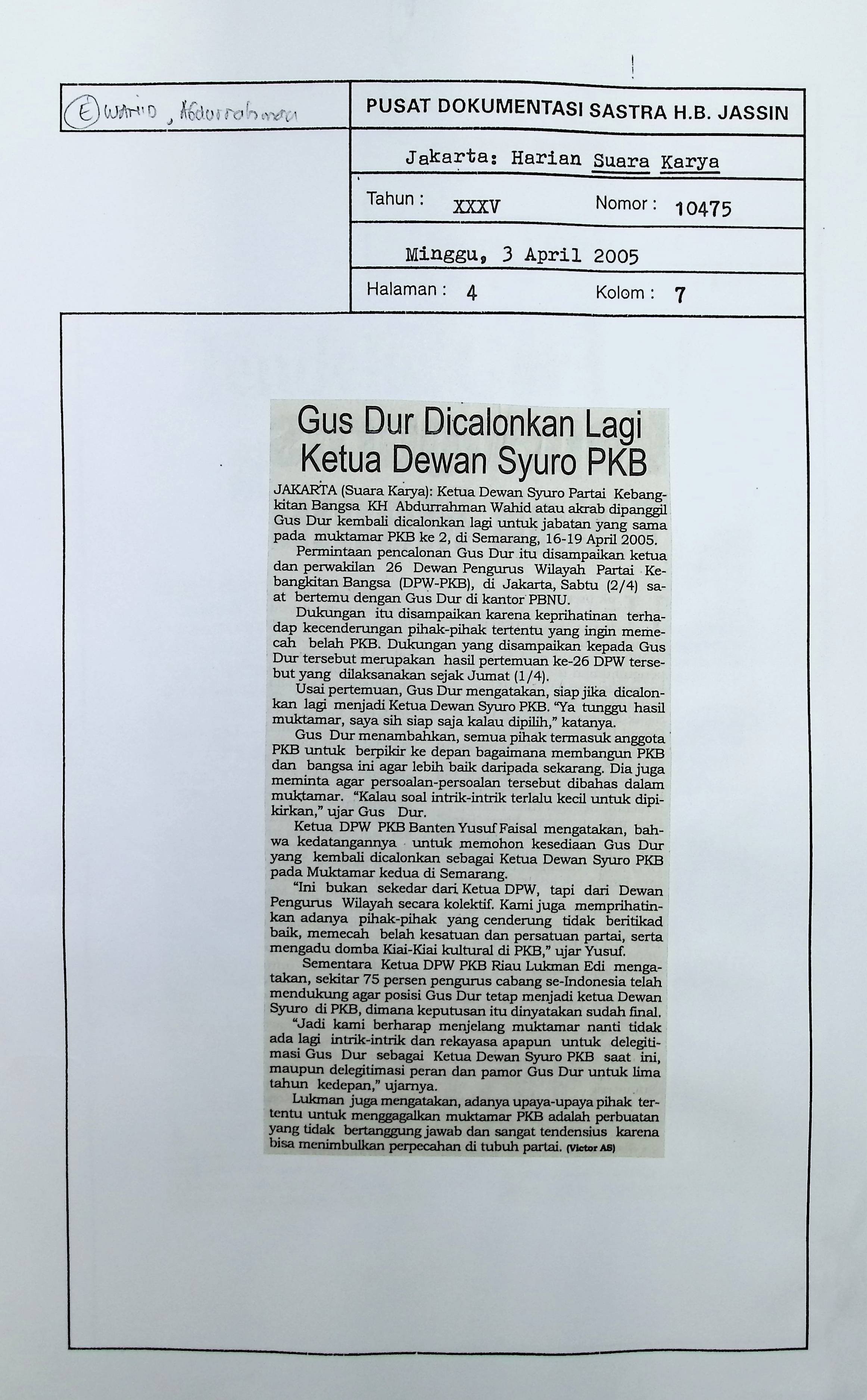 Gus Dur dicalonkan lagi ketua dewan Syuro PKB