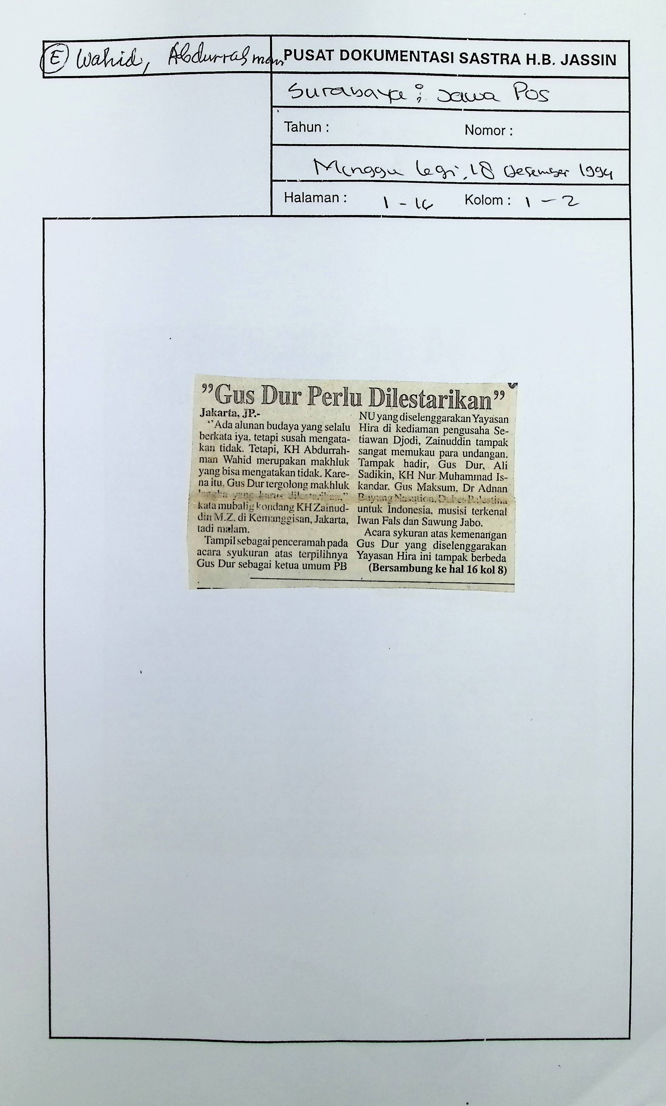 Gus Dur perlu dilestarikan