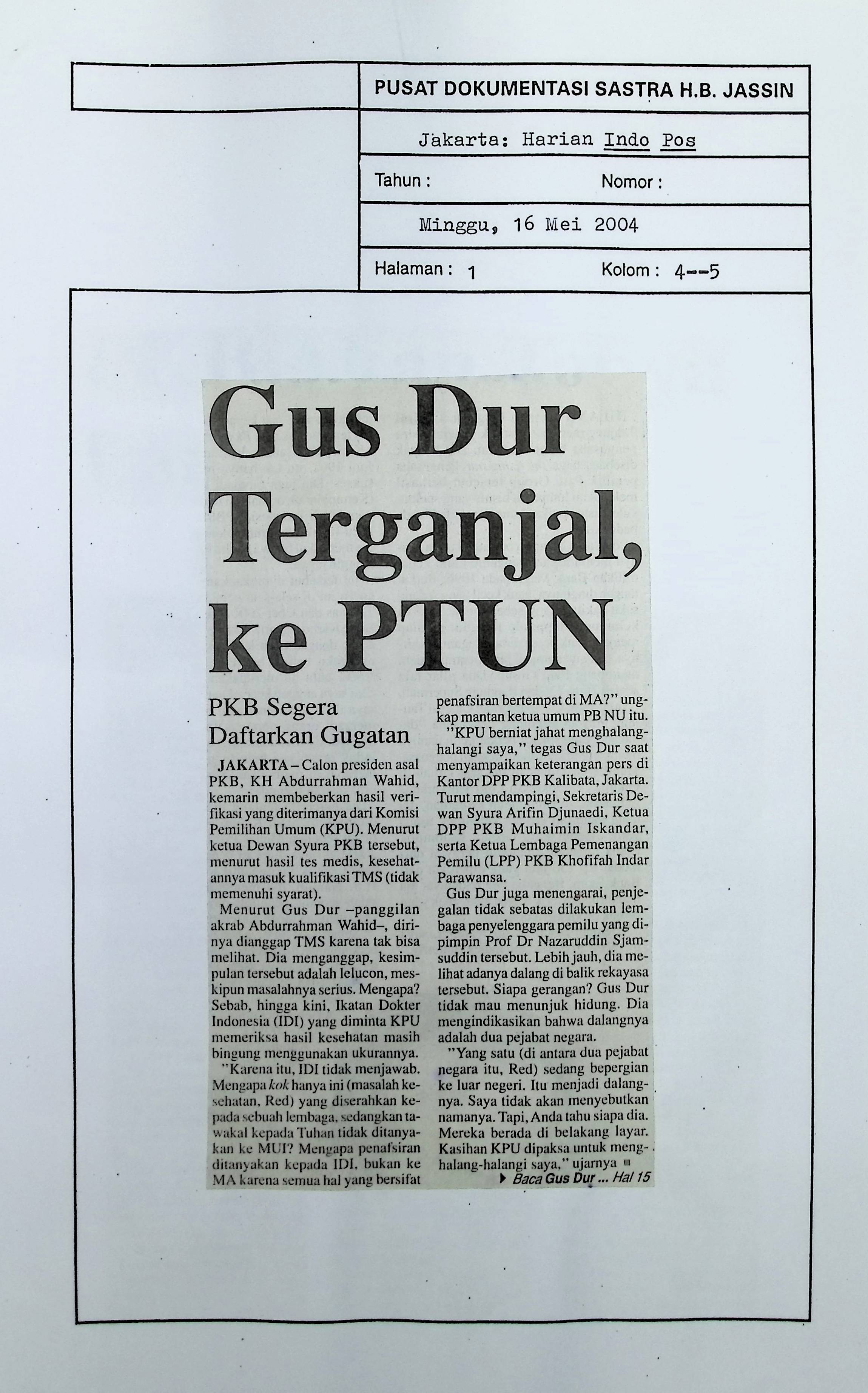 Gus Dur terganjal,ke PTUN