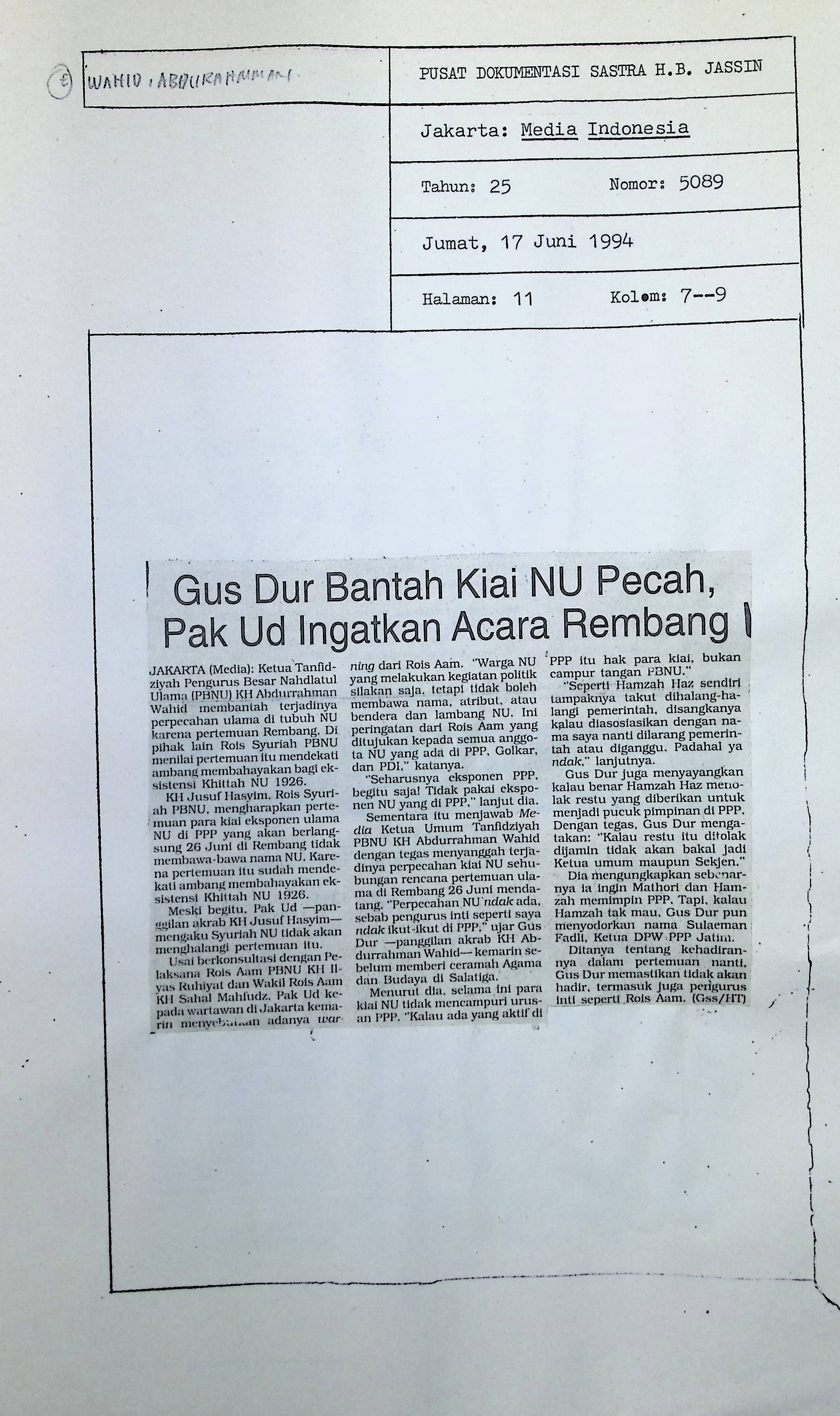 Gus Dur bantah kiai NU pecah,Pak Ud ingatkan acara Rembang
