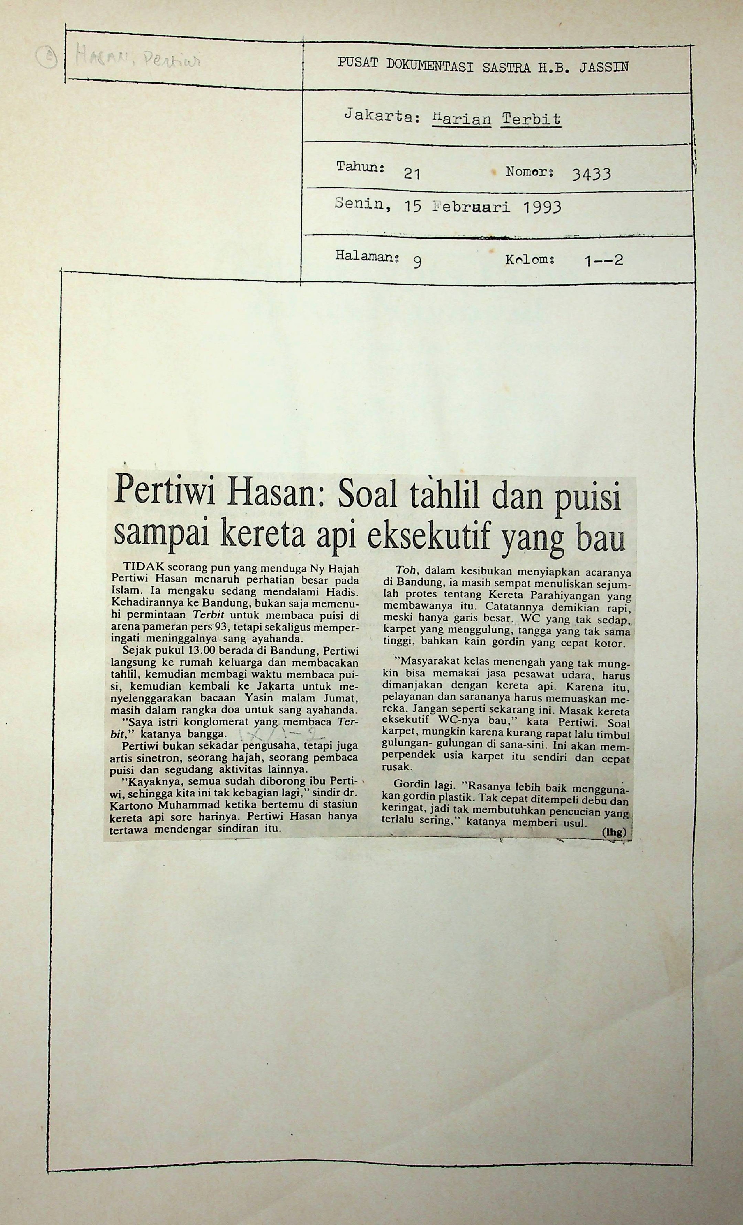 Pertiwi Hasan, soal tahlil dan puisi sampai kereta api eksekutif yang bau