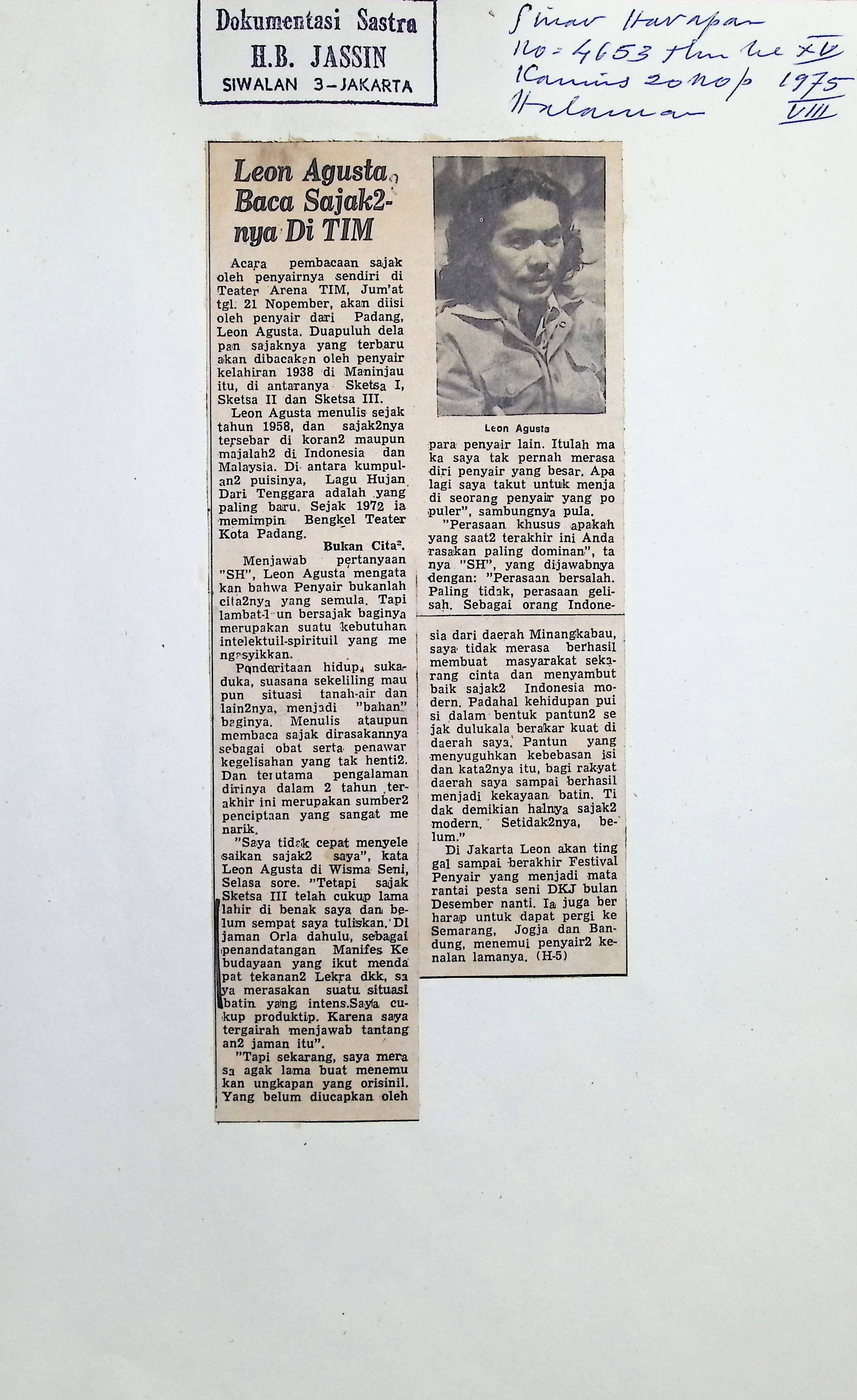 Leon Agusta baca sajak-sajaknya di TIM