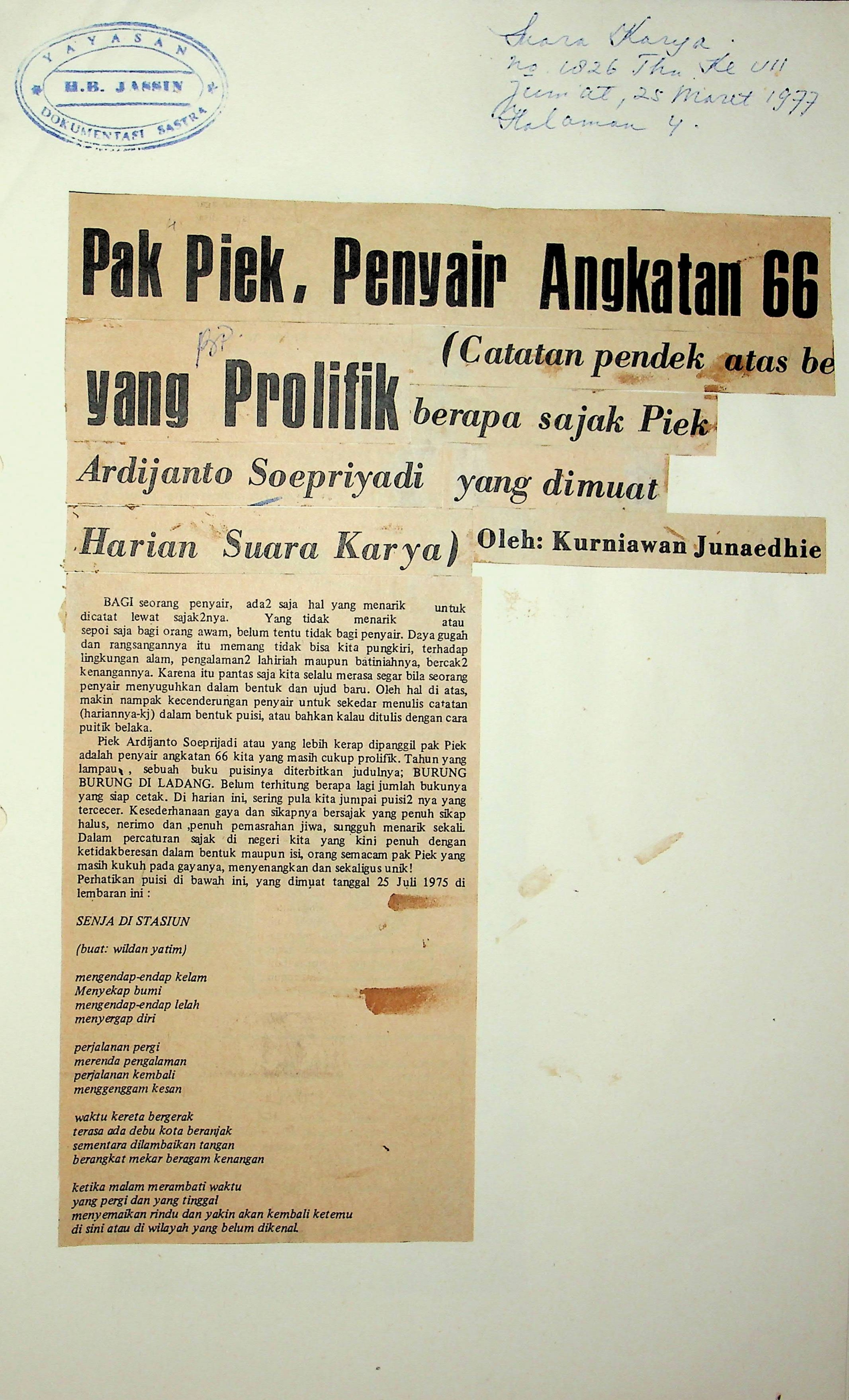 Pak Piek, penyair angkatan 66 yang Prolifik