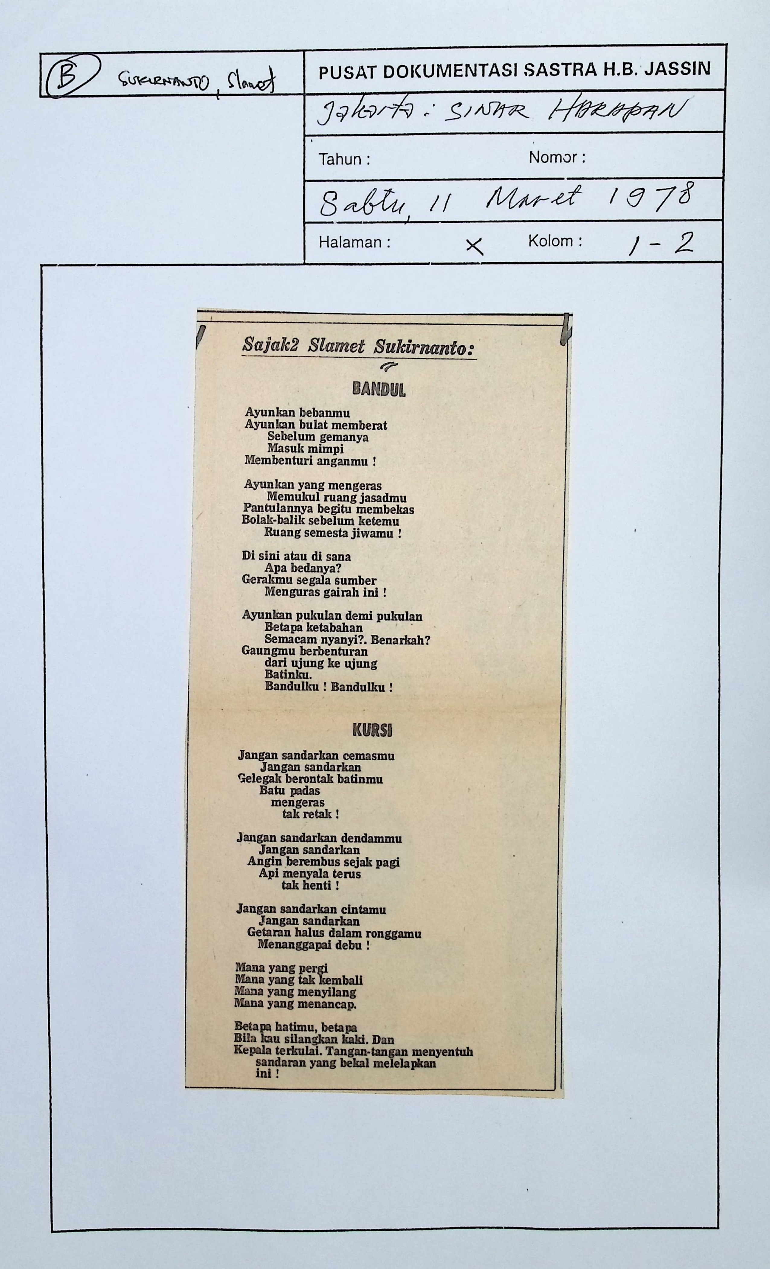 Sajak-sajak Slamet Sukirnanto - Bandul
