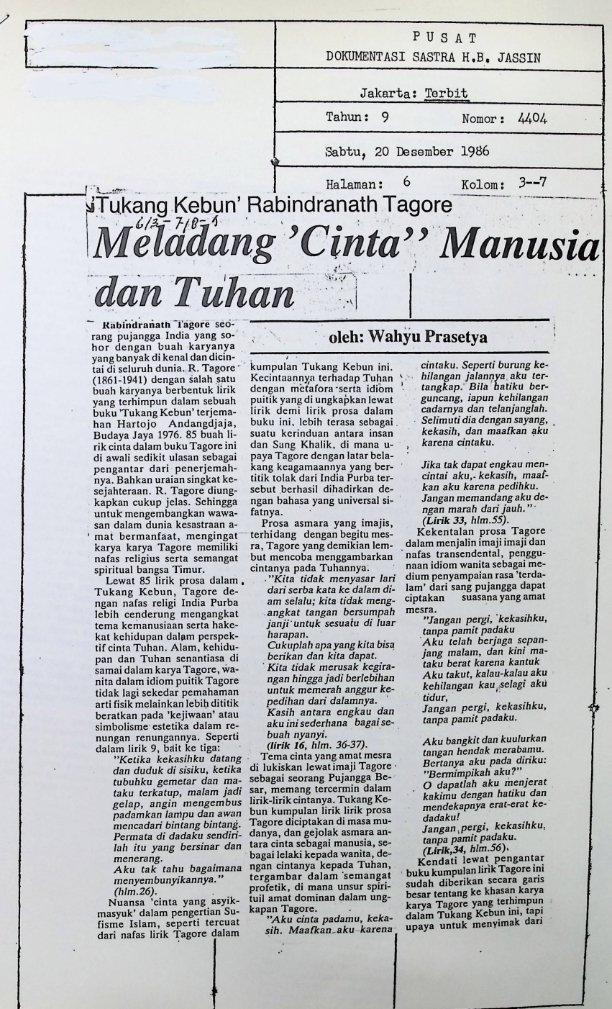 Tukang kebun rabindranath tagore : meladang 'cinta' manusia dan tuhan