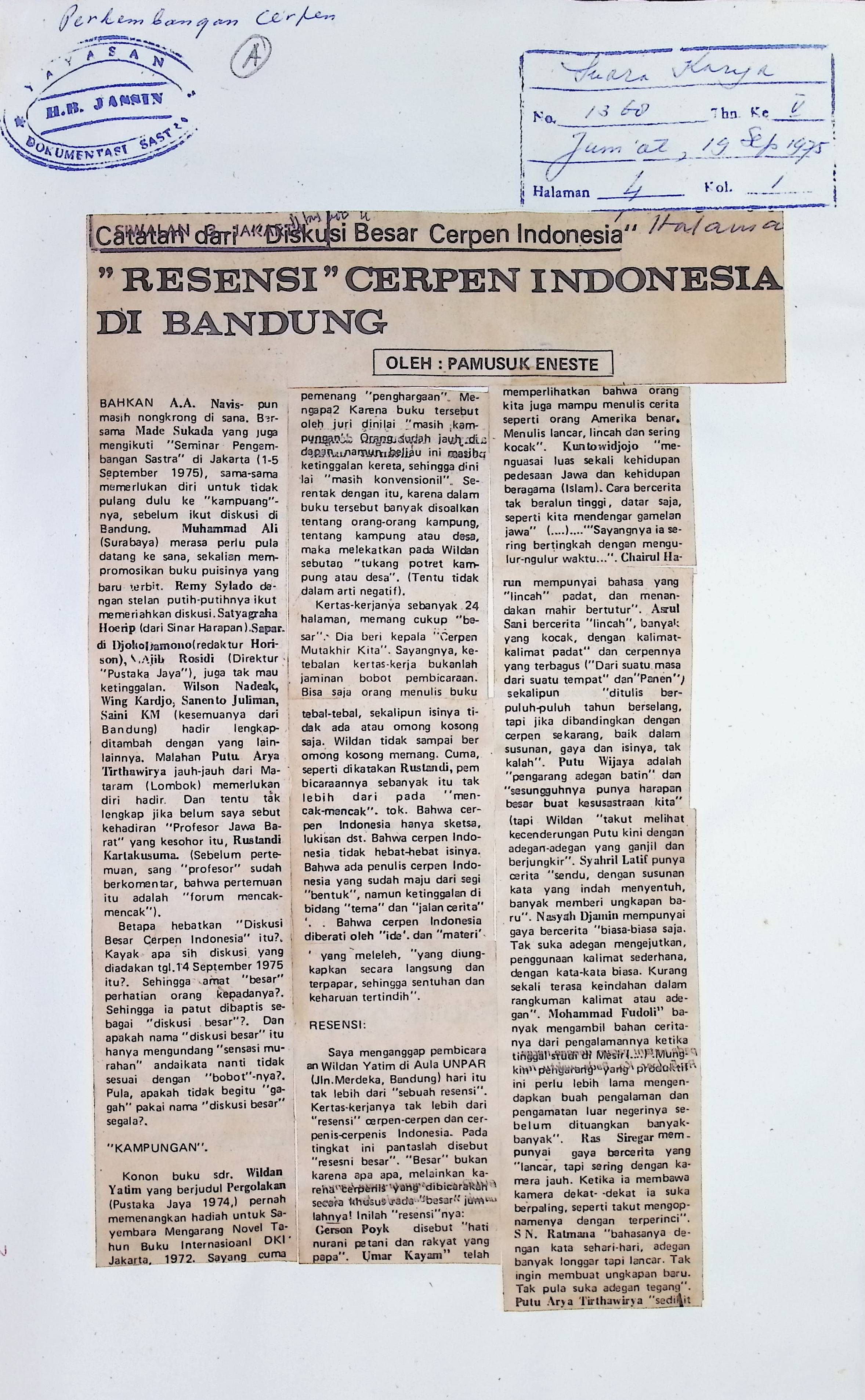 "Resensi" cerpen Indonesia di Bandung