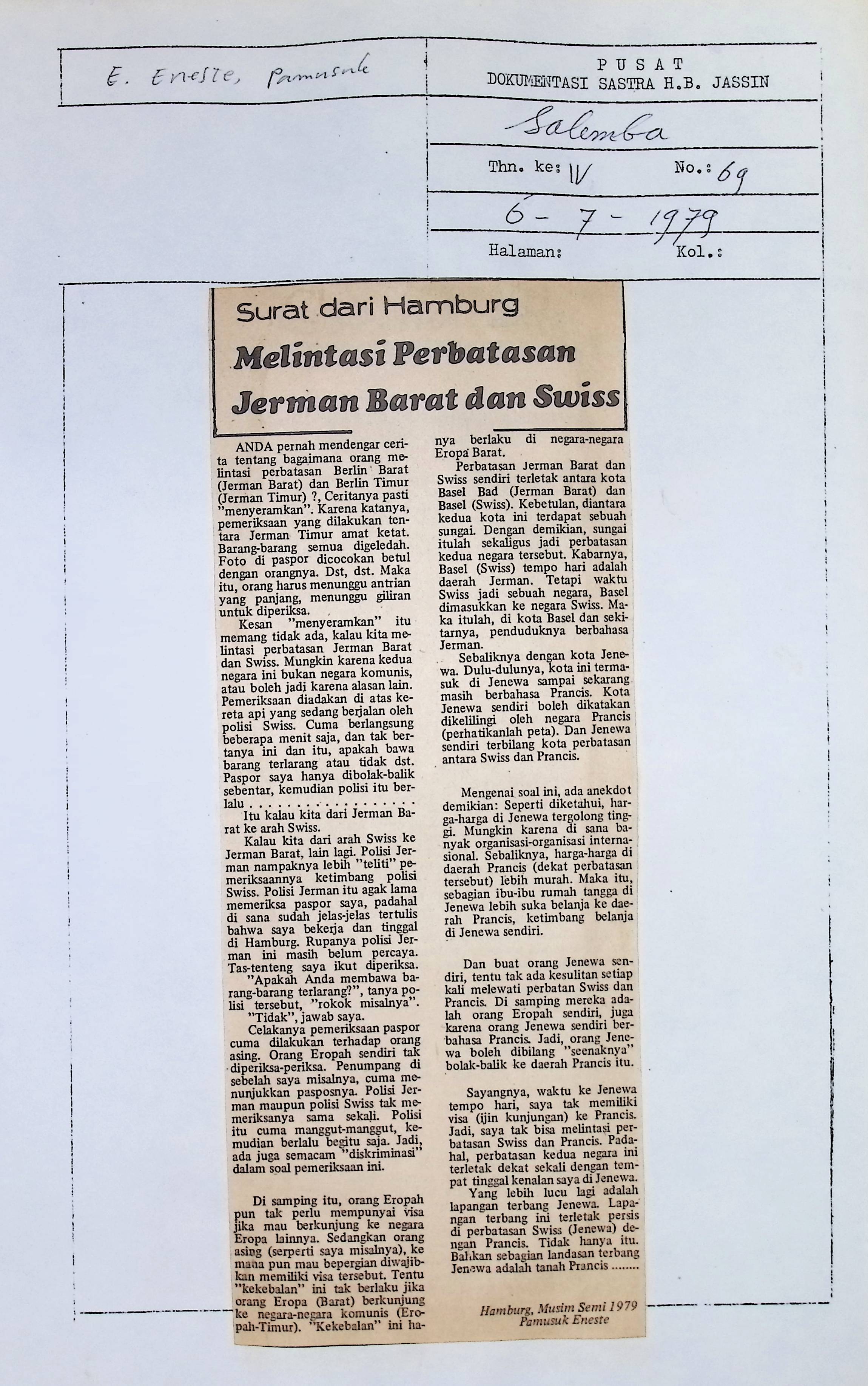 Melintasi perbatasan Jerman Barat dan Swiss