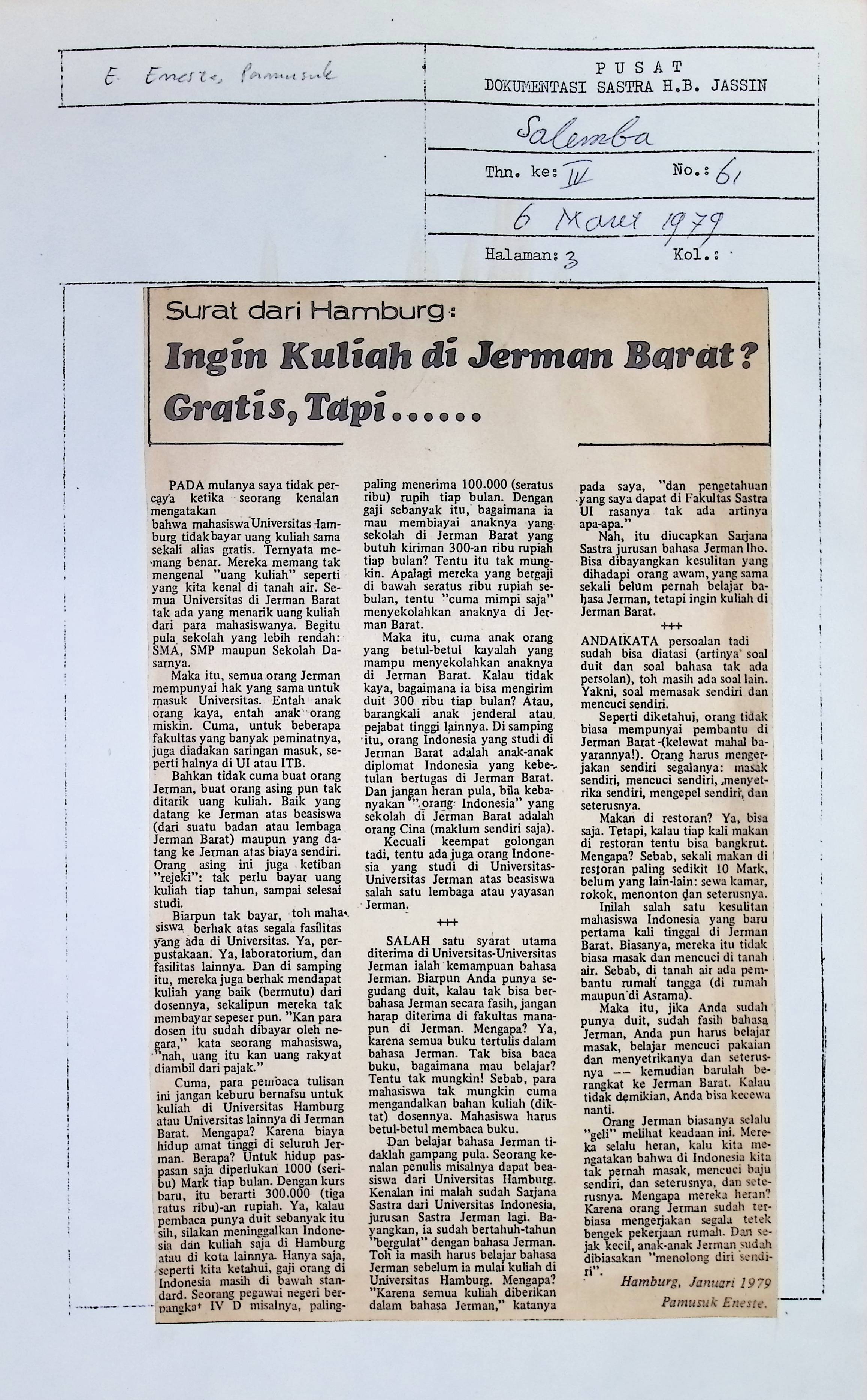 Ingin kuliah di Jerman Barat? gratis, tapi...... / Pamusuk Eneste