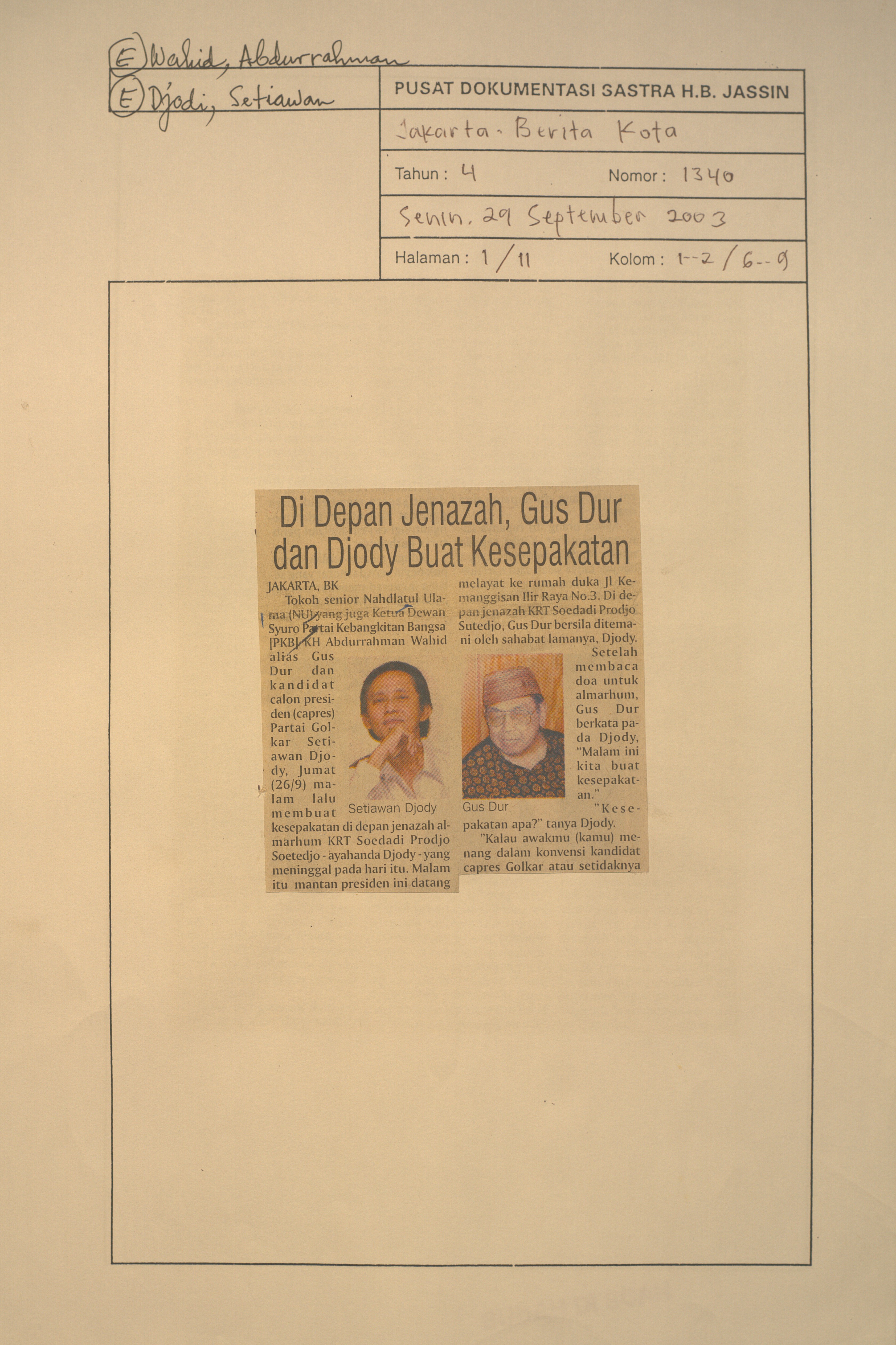 Di depan jenazah, Gus Dur dan Djody buat kesepakatan