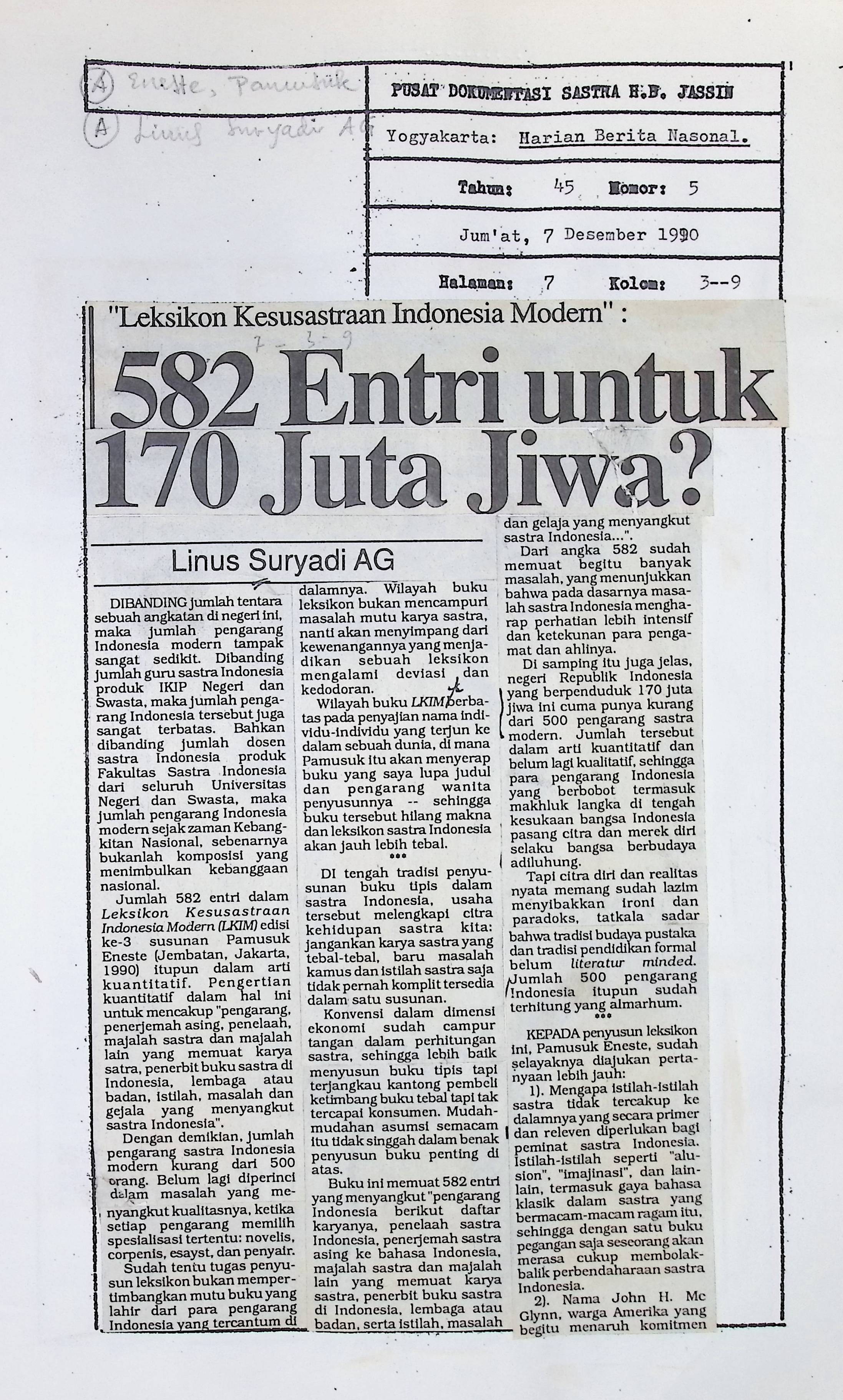 "Leksikon kesusastraan Indonesia Modern" : 582 entri untuk 170 juta jiwa