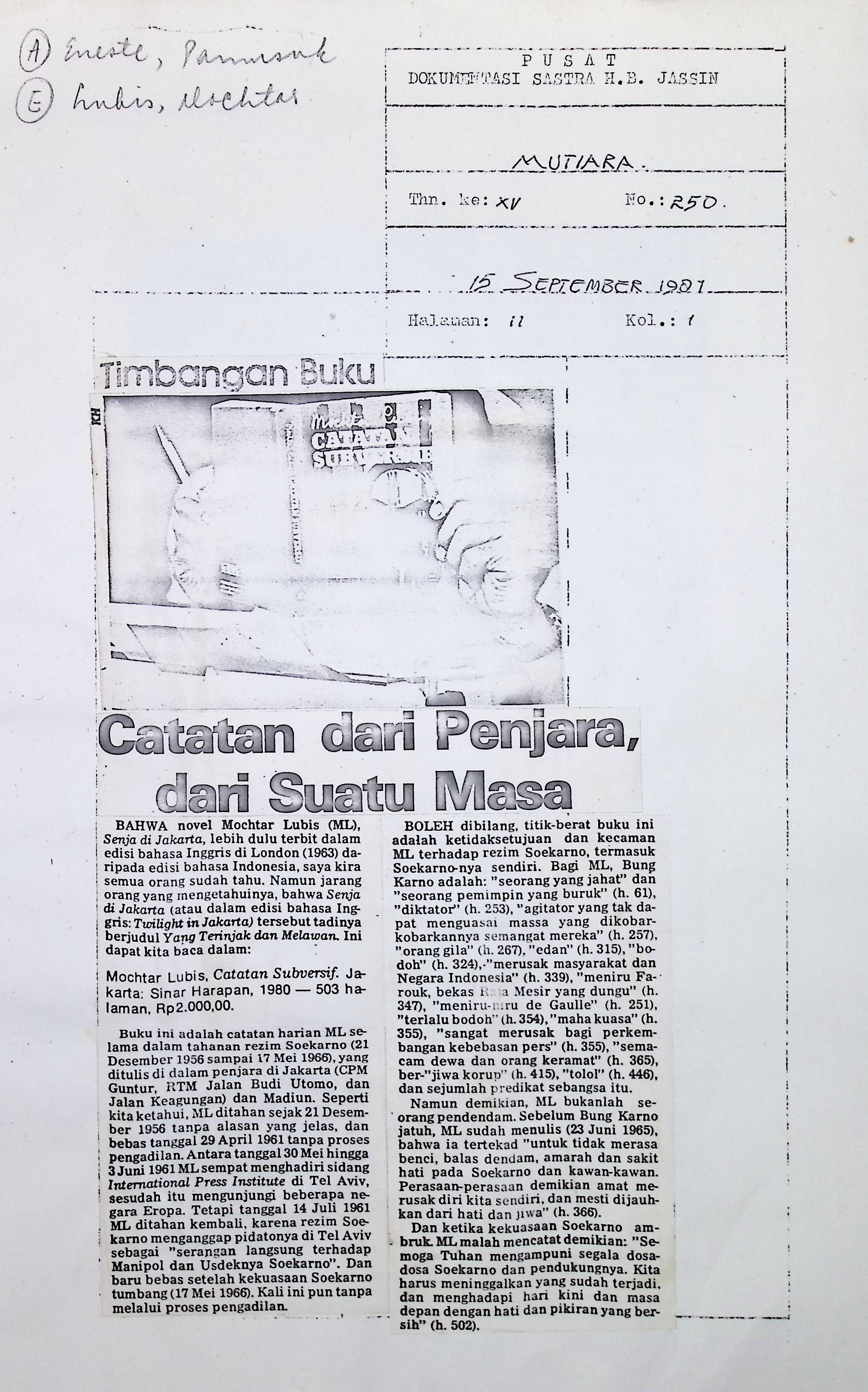 Timbangan buku - Catatan subversif : catatan dari penjara, dari suatu masa