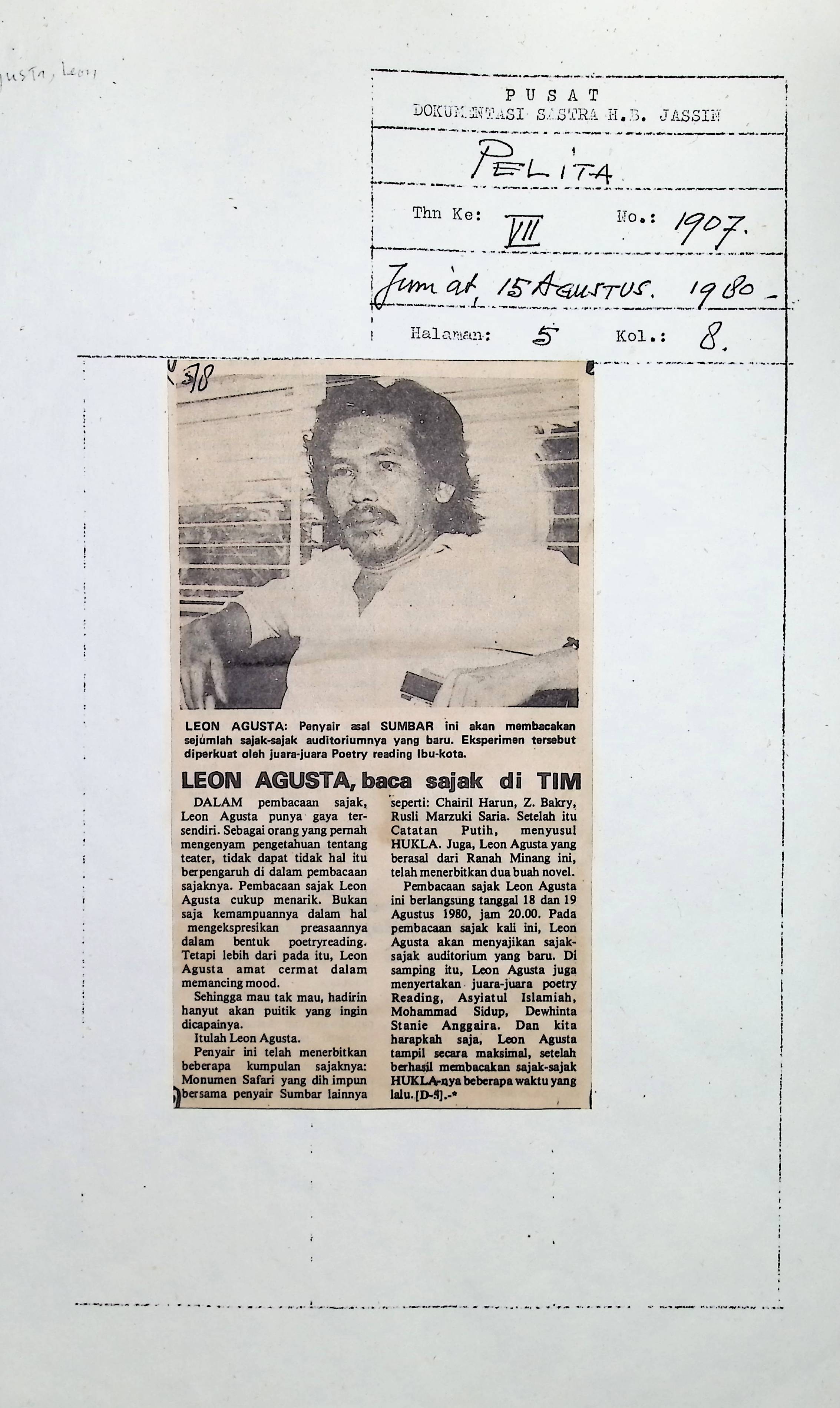 Leon Agusta, baca sajak di TIM