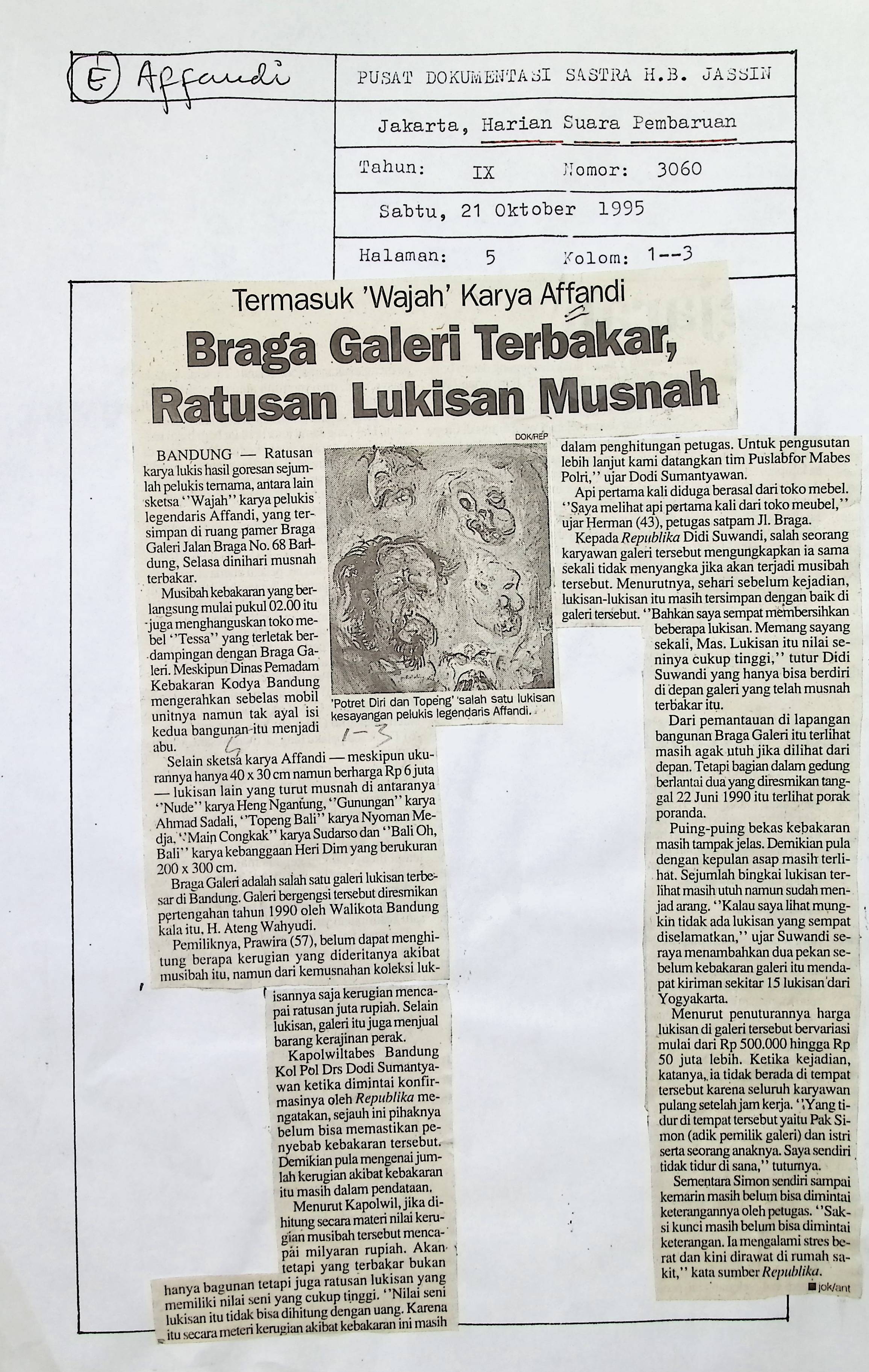 Braga galeri terbakar, ratusan lukisan musnah