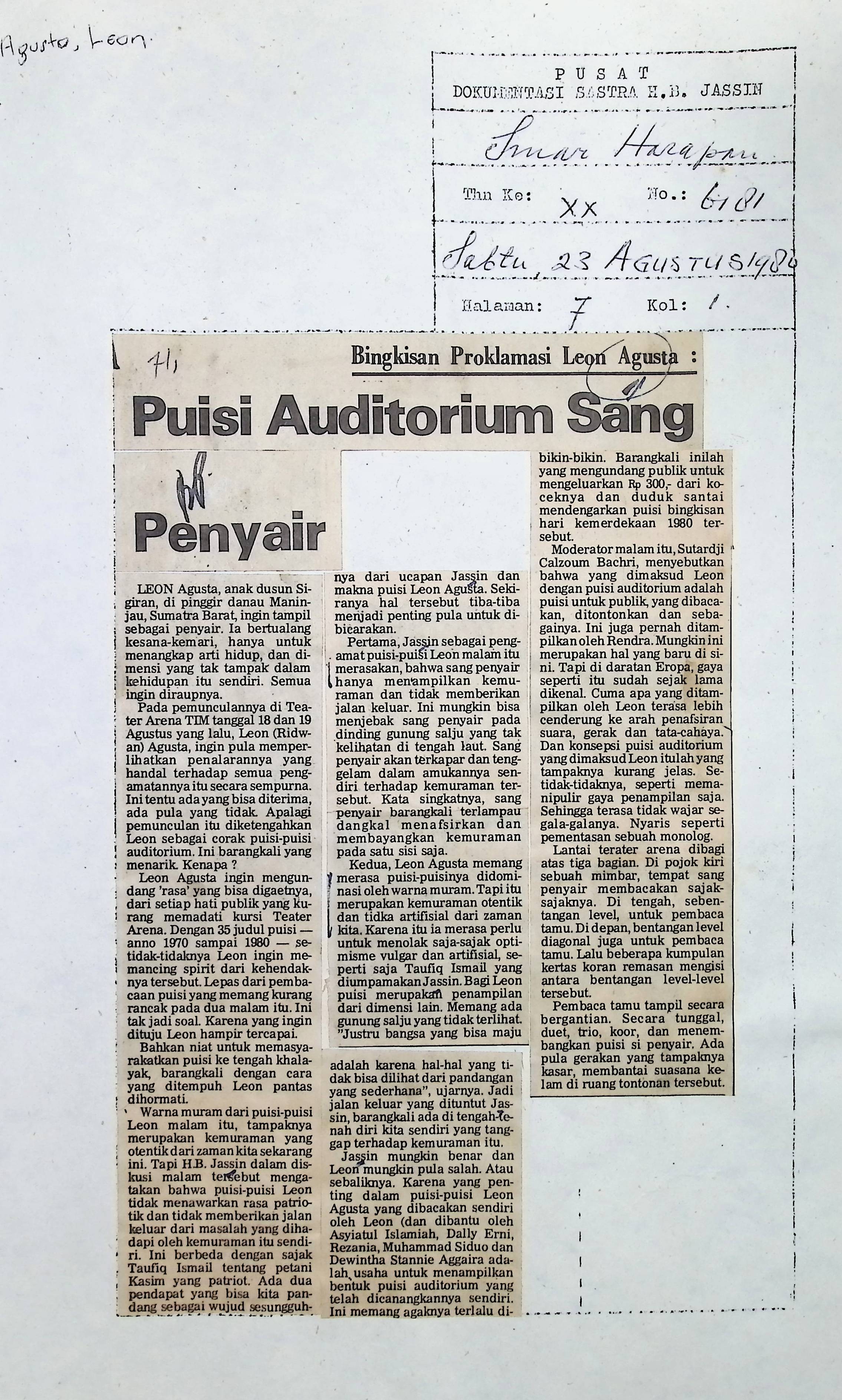 Bingkisan proklamasi Leon Agusta, puisi Auditorium sang penyair