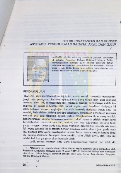 Teori innateness dan konsep asyhadu : penghuraian bahasa, akal dan ilmu