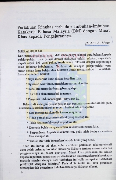 Perlakuan ringkas terhadap imbuhan-imbuhan katakerja Bahasa Malaysia (BM) dengan minat khas kepada pengajarannya