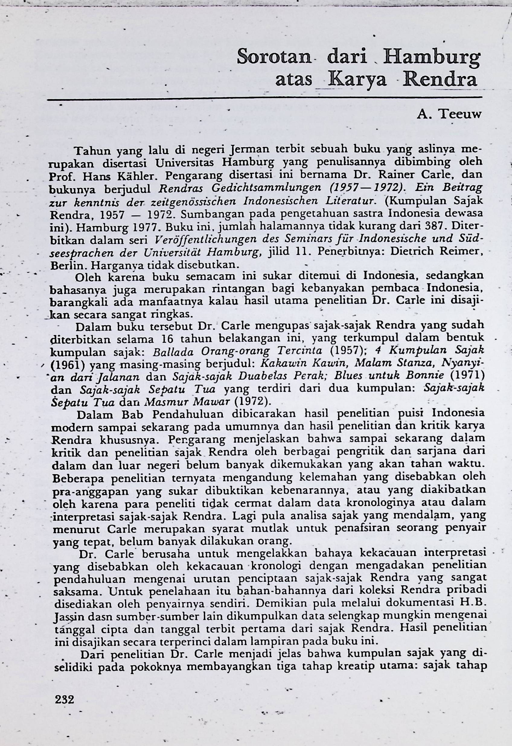 Sorotan dari Hamburg atas karya Rendra