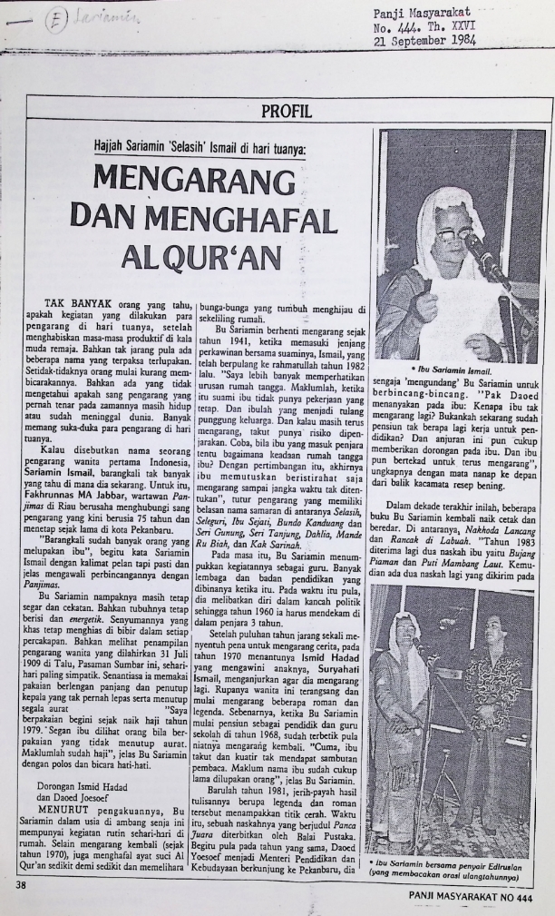 Hajjah Sariamin Selasih Ismail di hari tuanya :  Mengarang dan menghafal al-quran