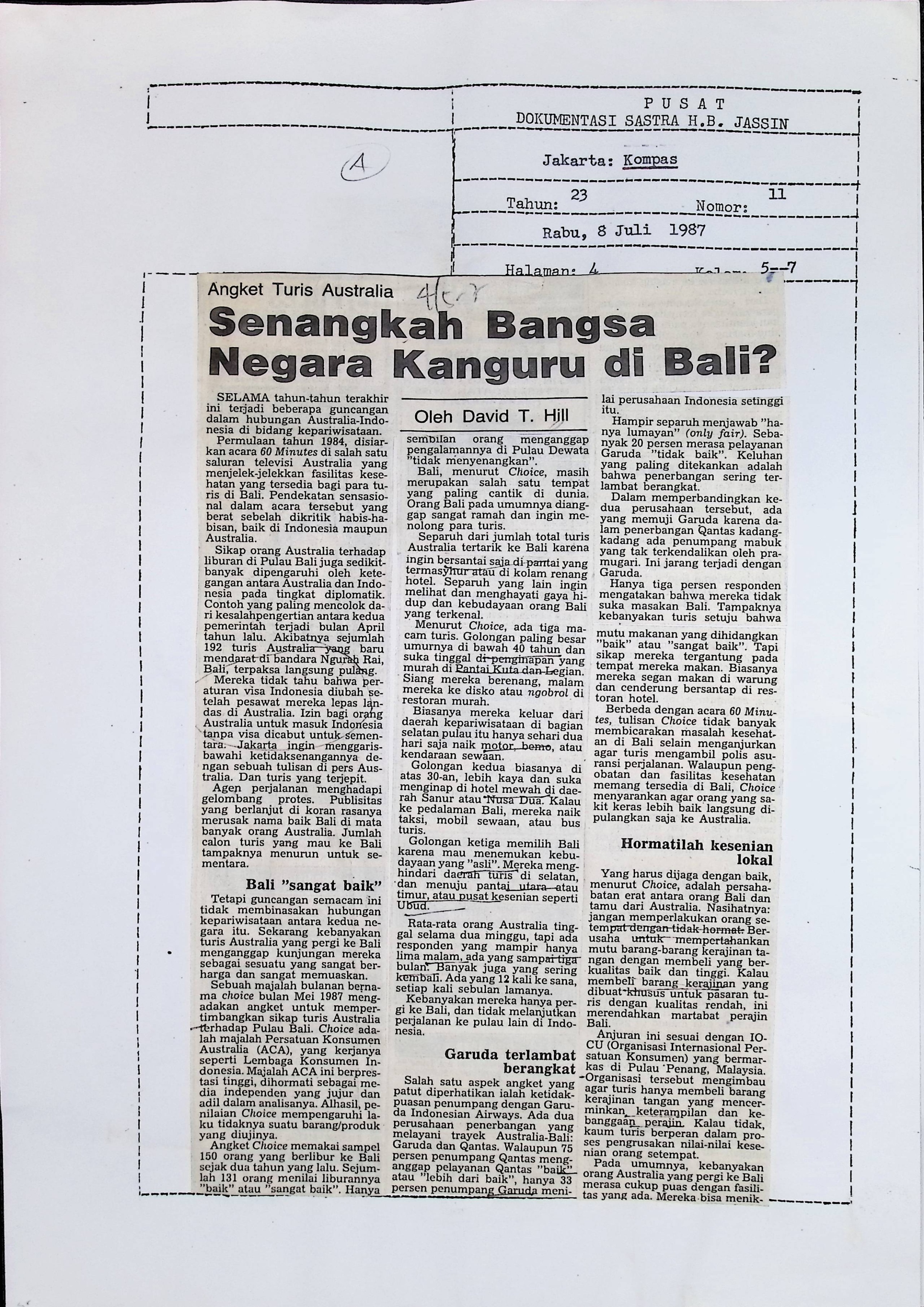 Senangkah bangsa negara kanguru di Bali? : Angket turis Australia